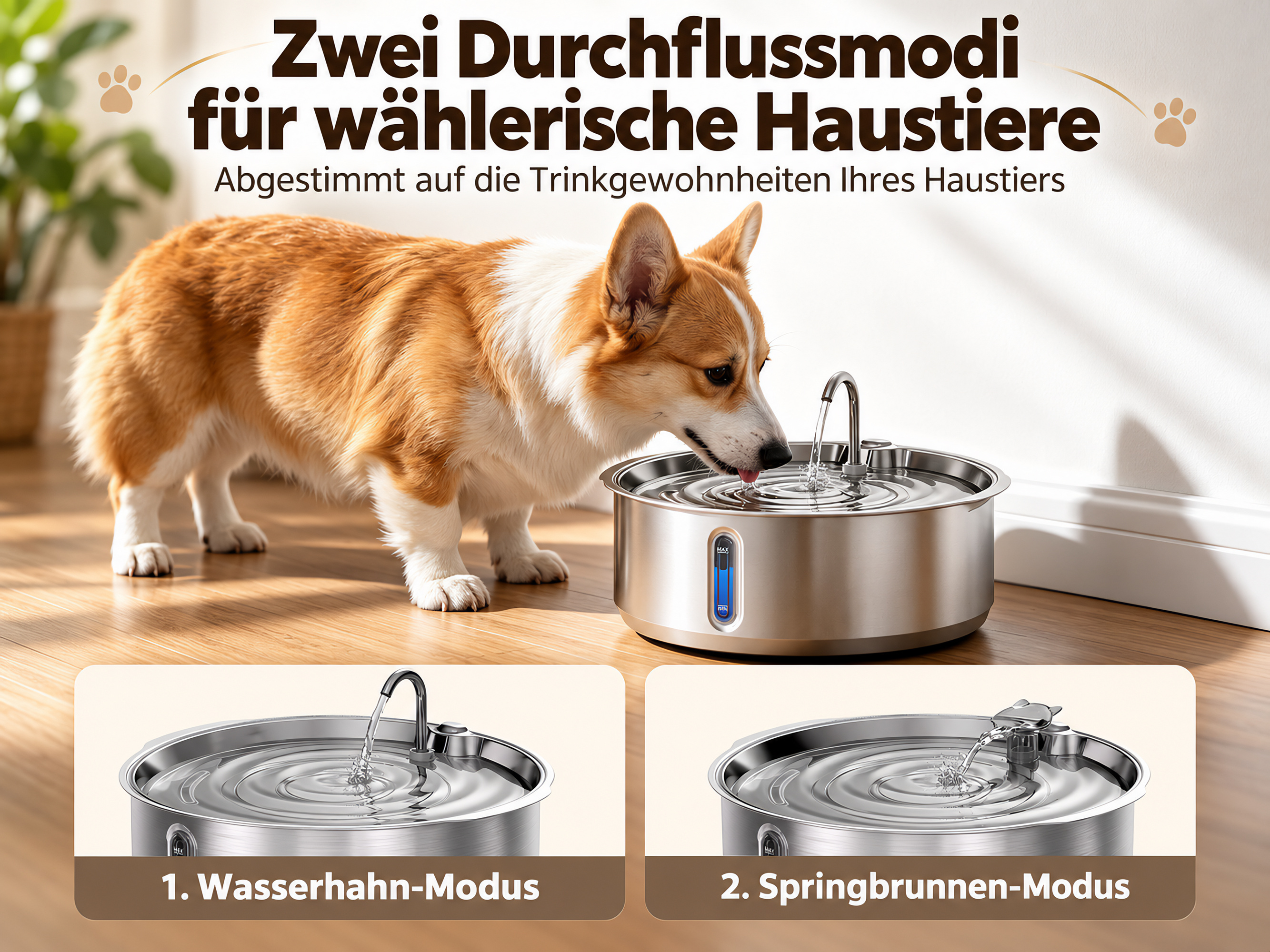Ein Corgi trinkt aus einem Edelstahl-Haustierbrunnen mit zwei Wassermodi.