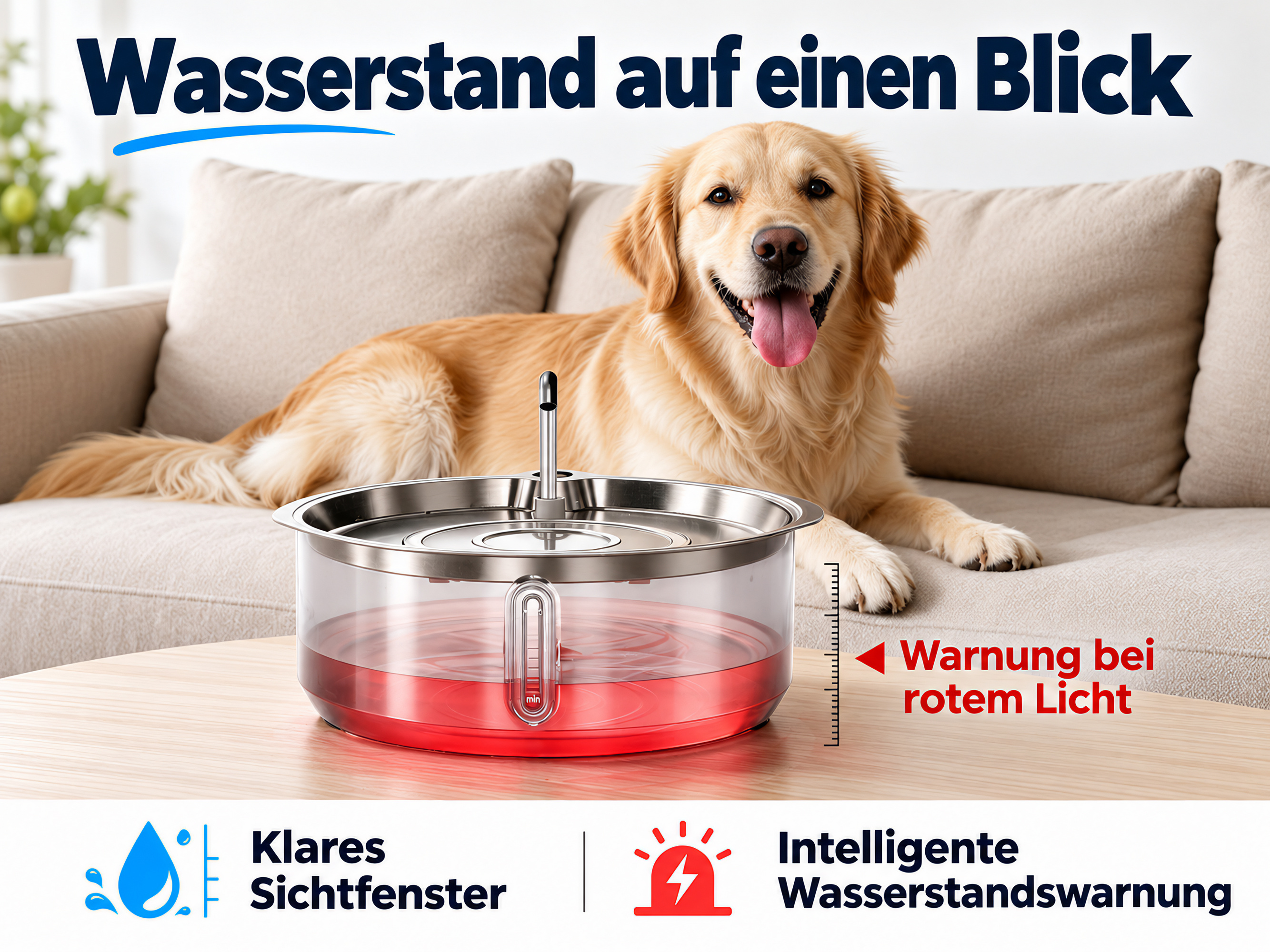 Ein glücklicher Golden Retriever sitzt auf einem Sofa hinter einem Haustier-Trinkbrunnen mit rotem Licht auf einem Holztisch.