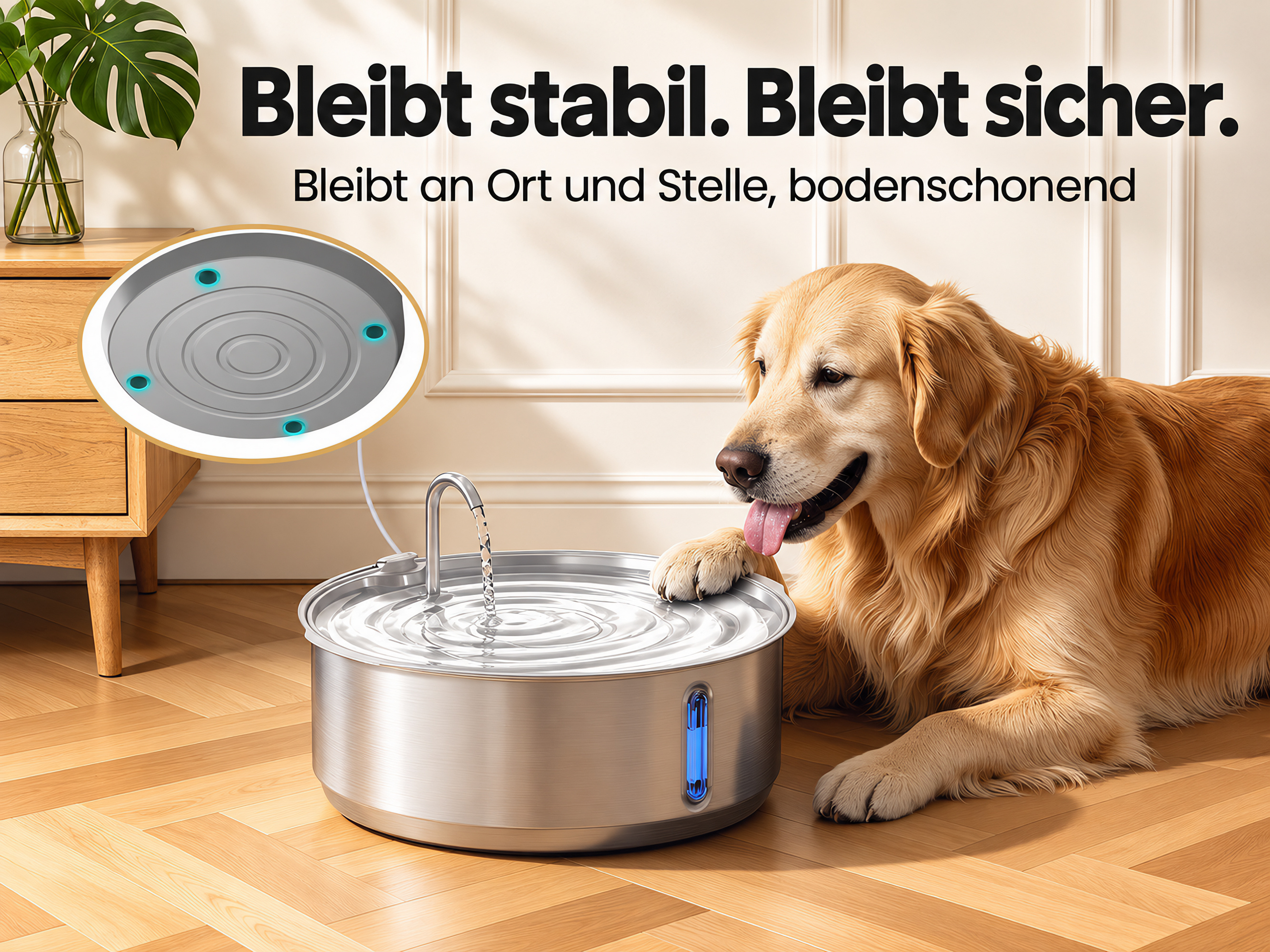 Ein Golden Retriever liegt neben einem Haustier-Trinkbrunnen aus Metall auf einem Holzboden, Detail der Unterseite.