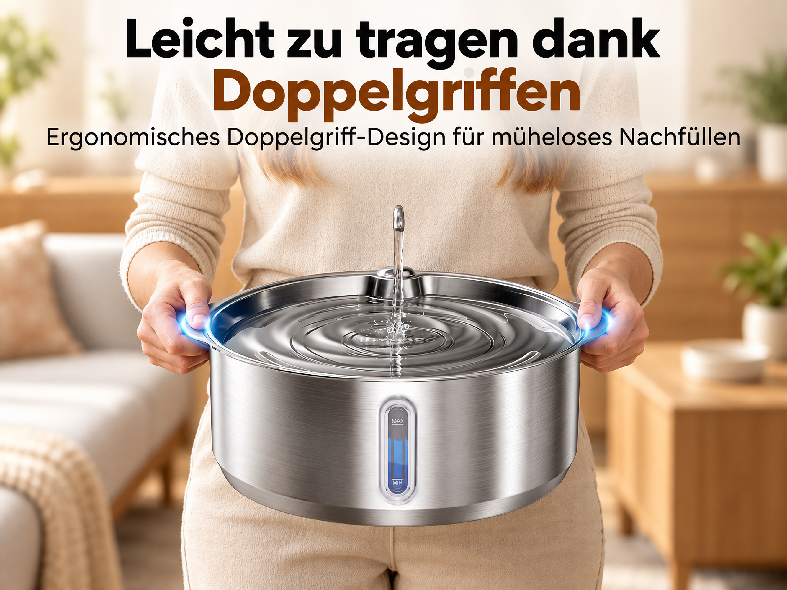 Person hält eine große silberne Edelstahlschüssel mit zwei Griffen gefüllt mit Wasser in einem Raum.