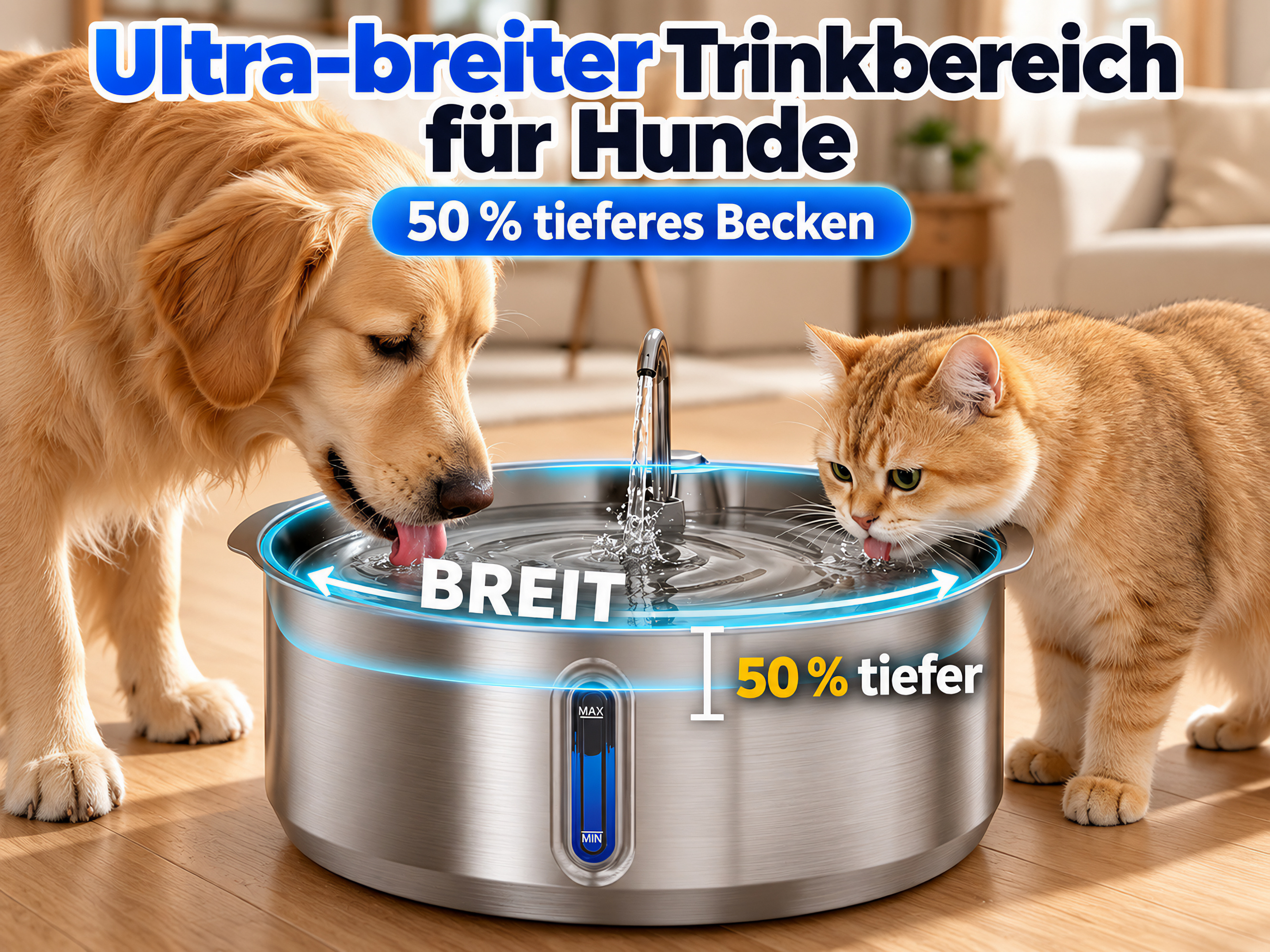 Ein Golden Retriever und eine Katze trinken gleichzeitig aus einem großen, runden Edelstahl-Trinkbrunnen.
