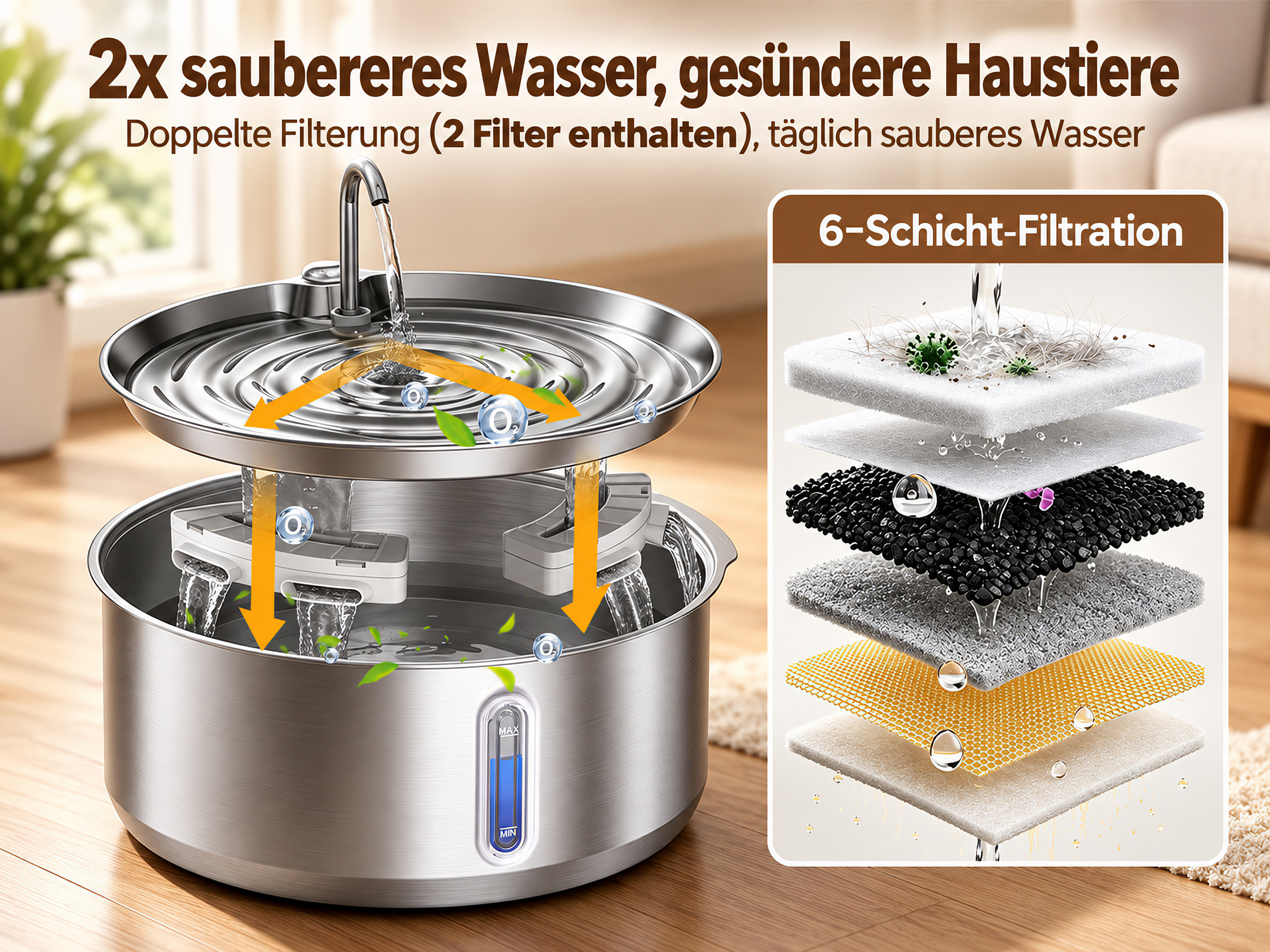 Edelstahl-Haustierbrunnen mit fließendem Wasser und einem Diagramm zur 6-Schicht-Filtration.