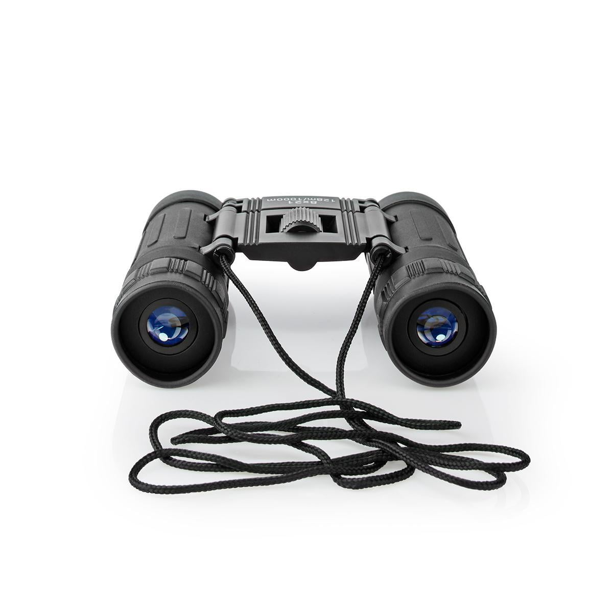 Jumelles noires avec des lentilles bleues et une lanière noire sur fond blanc.