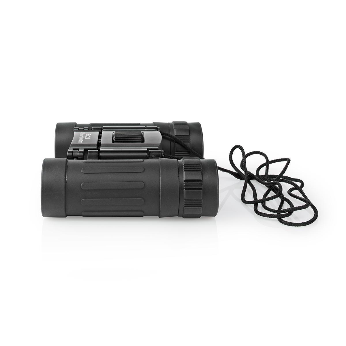 Jumelles compactes noires avec une sangle noire sur fond blanc.
