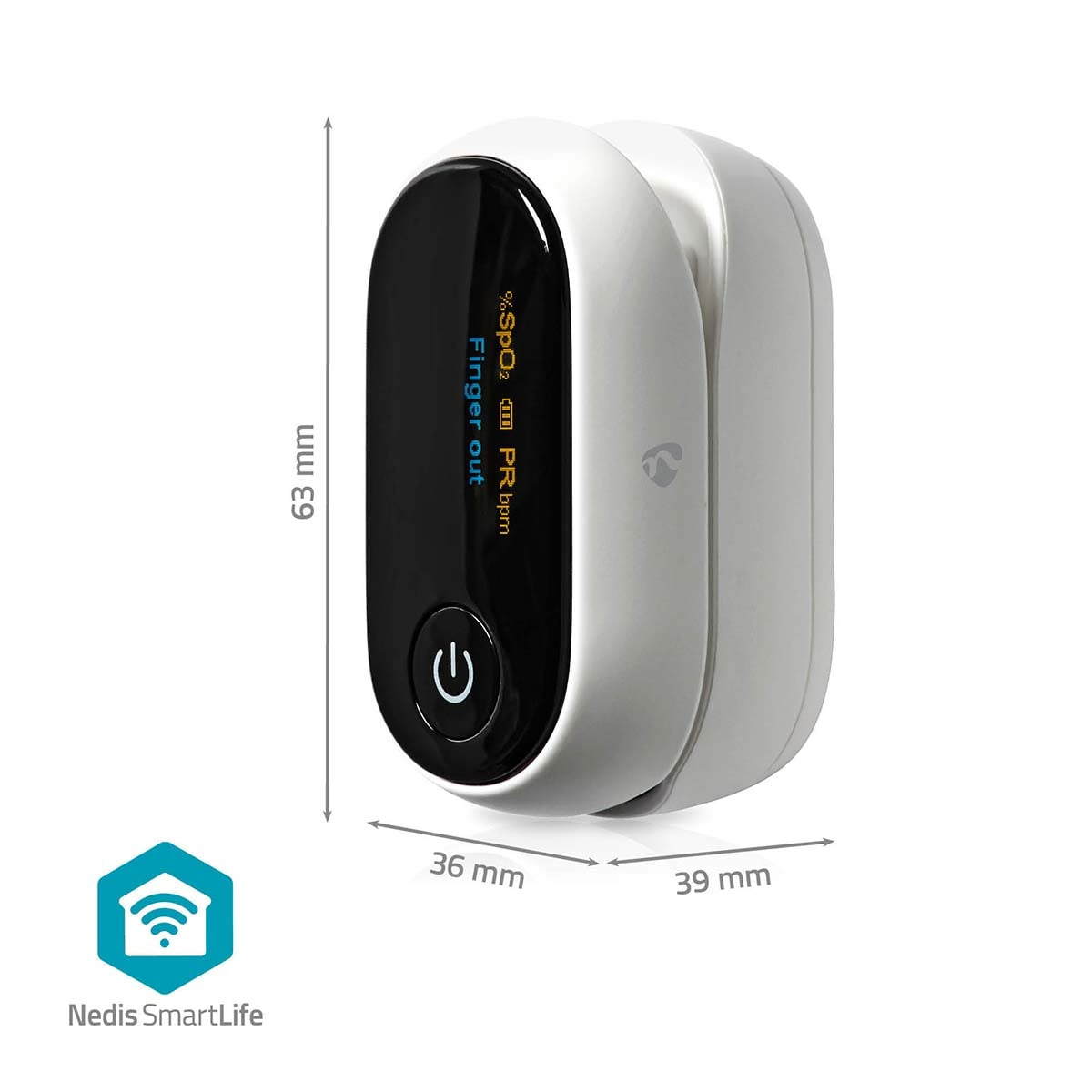 Un pulsiossimetro digitale bianco e nero con dimensioni di 63 mm di altezza, 36 mm di larghezza e 39 mm di profondità.