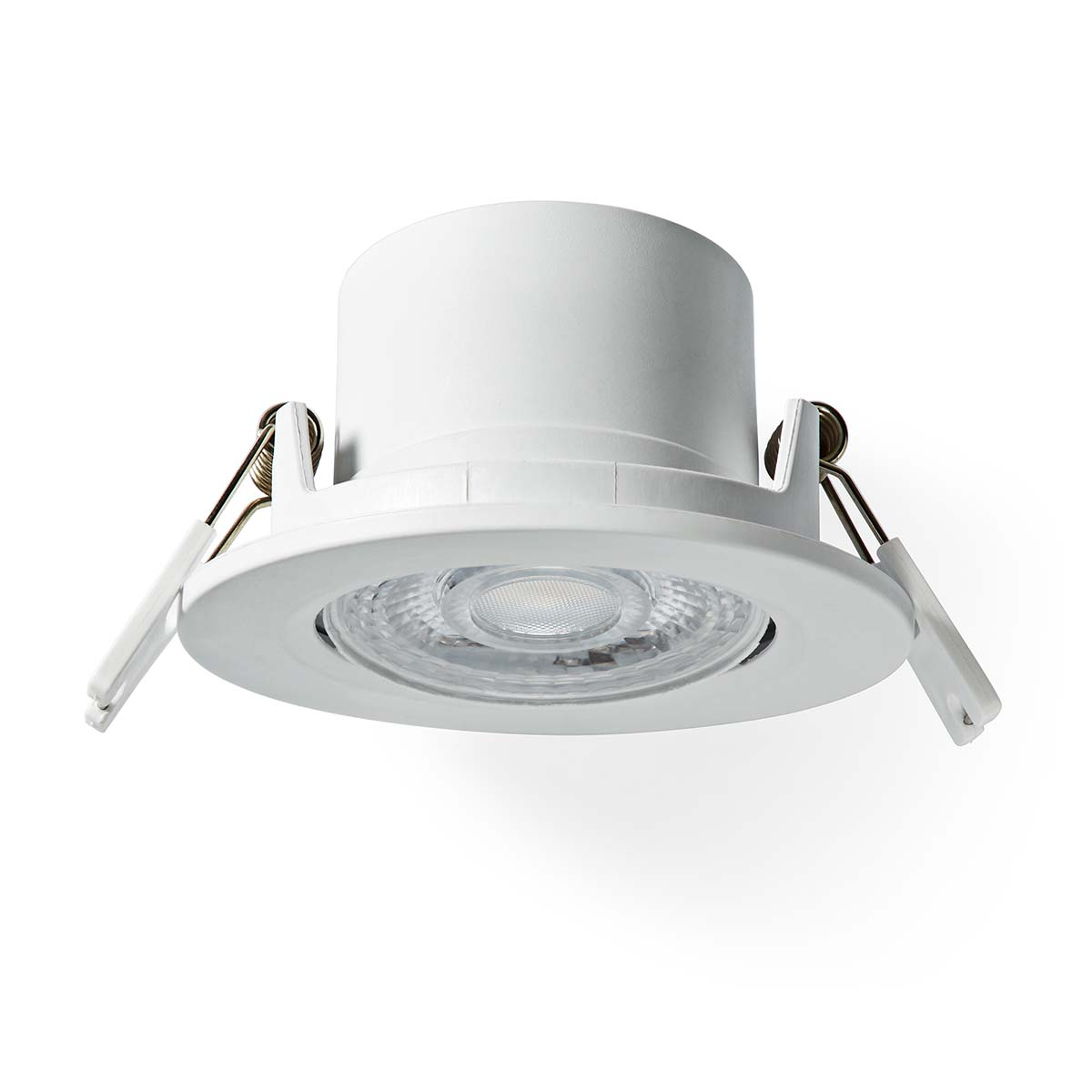 Foco empotrable LED blanco con resortes metálicos y reflector redondo sobre fondo blanco.