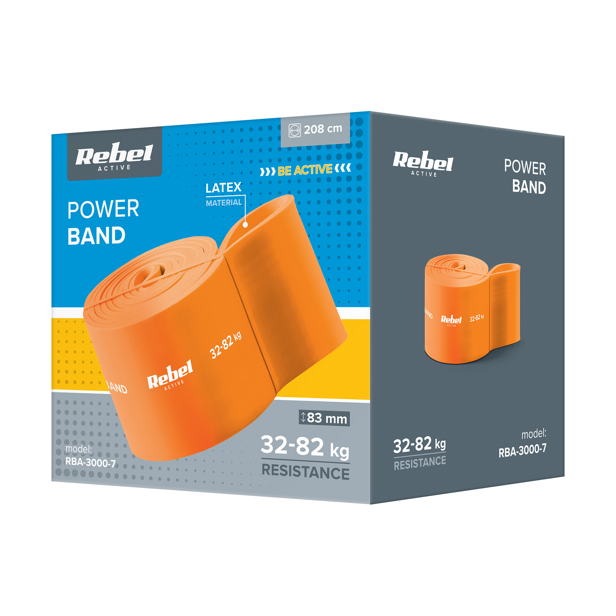 Pudełko produktu Rebel Active power band, pomarańczowa taśma oporowa z lateksu, opór 32-82 kg.