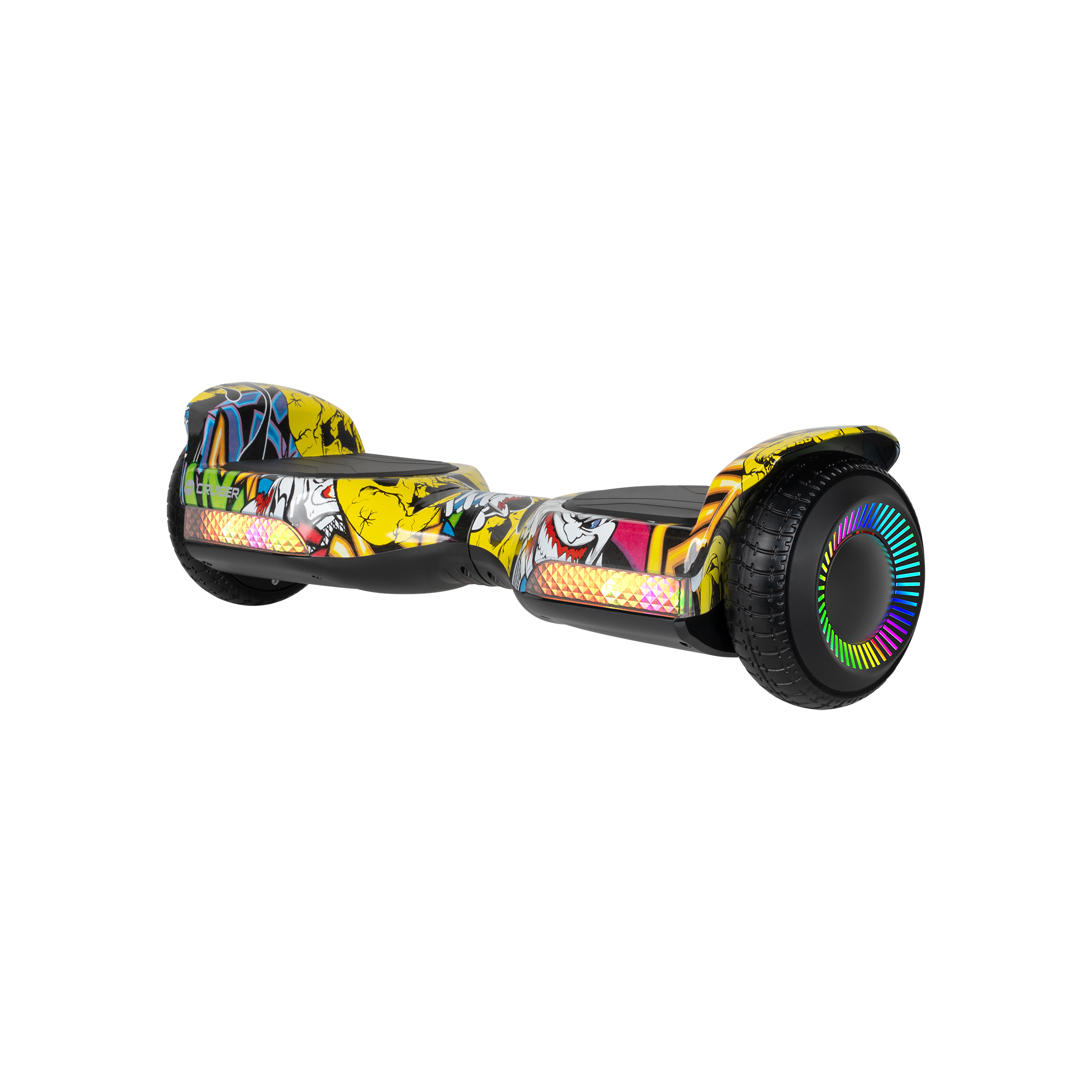 Kolorowy hoverboard z motywami graffiti, podświetlanymi kołami i przednimi światłami na czarnym tle.