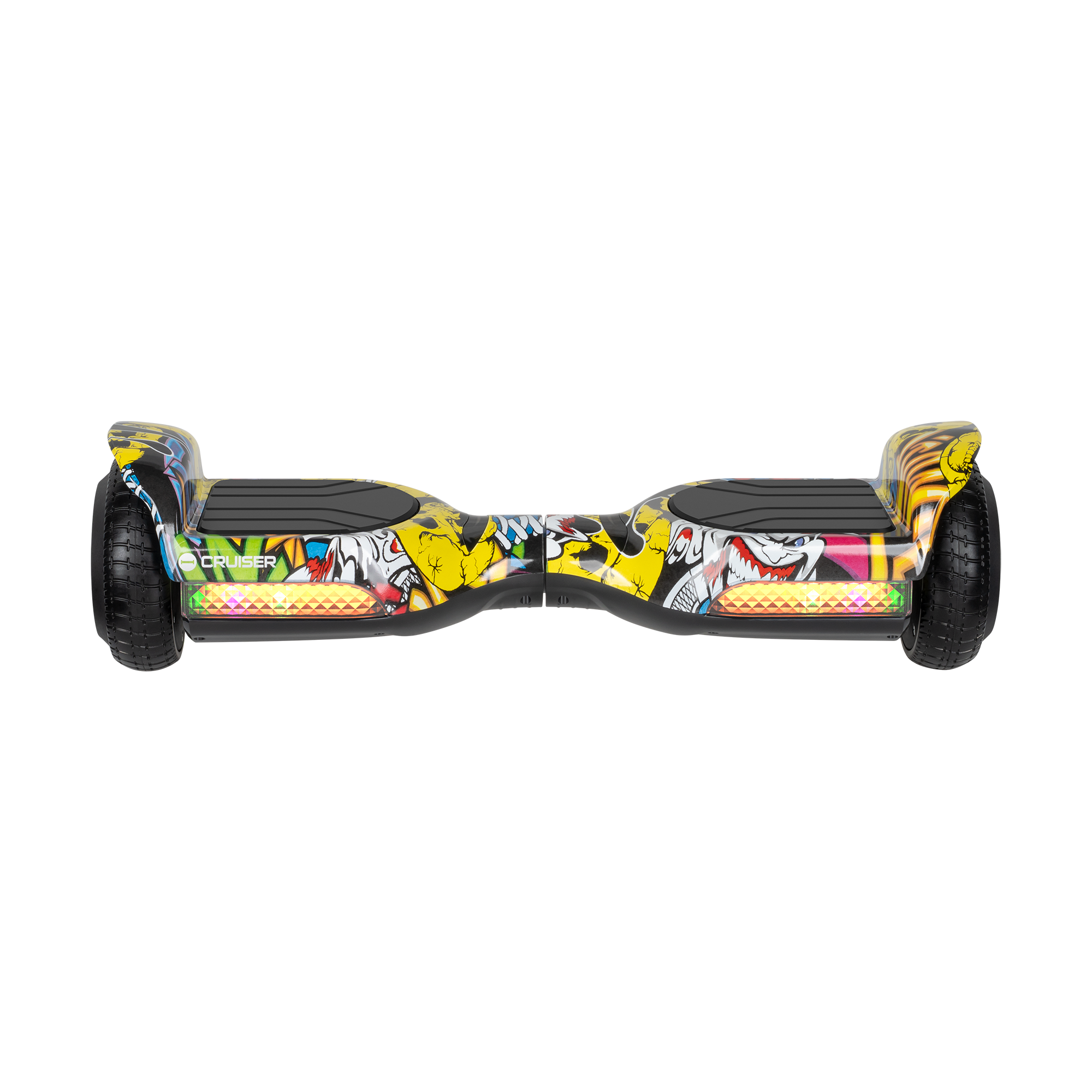 Kolorowy hoverboard z motywem graffiti i świecącymi światłami LED na czarnym tle.