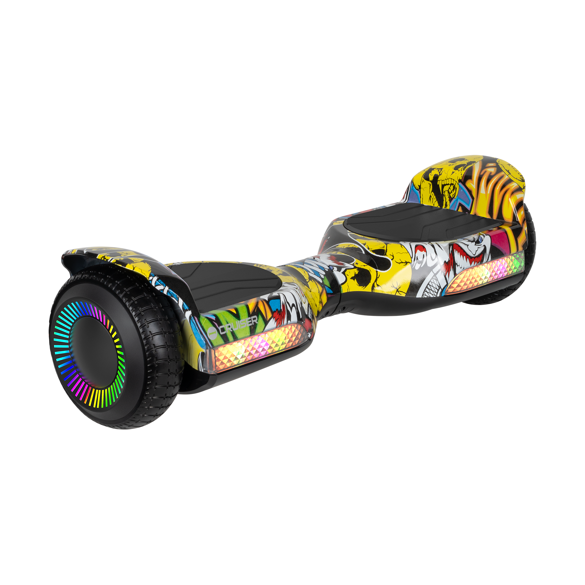 Kolorowy hoverboard z graffiti, świecącymi światłami kół i czarnymi podkładkami na czarnym tle.