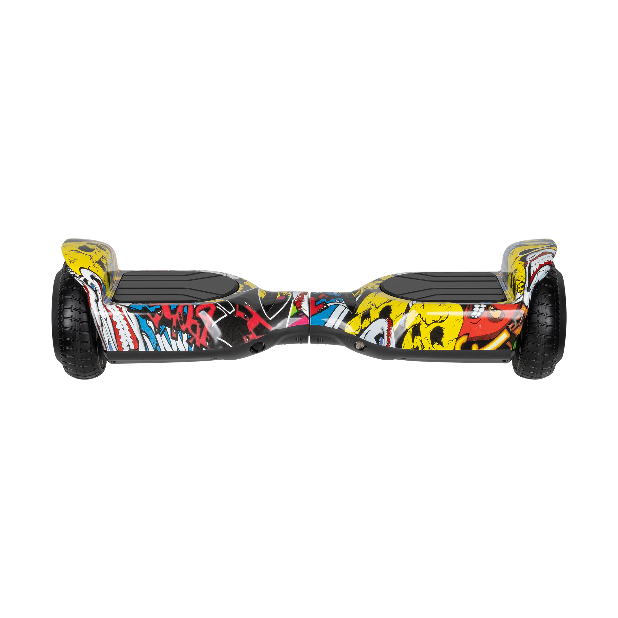Samopoziomujący hoverboard z kolorowym motywem graffiti i czaszek, na czarnym tle.