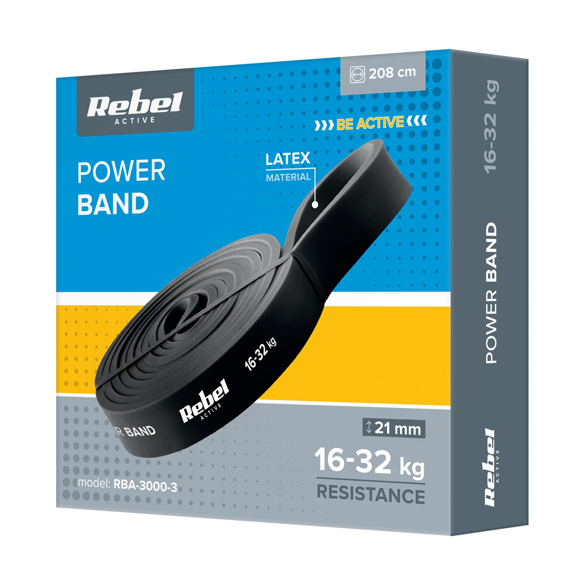 Opakowanie czarnej taśmy oporowej Rebel Active Power Band o oporze 16-32 kg i szerokości 21 mm na niebieskim tle.