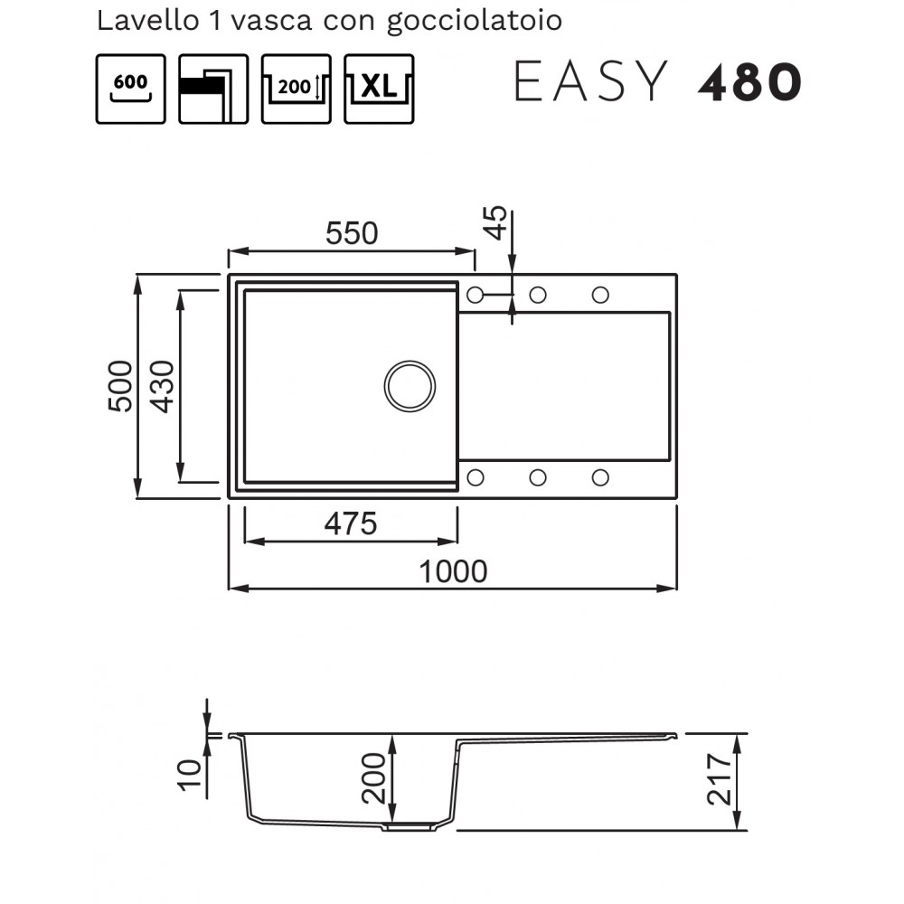 Disegno tecnico del lavello Easy 480 con quote.