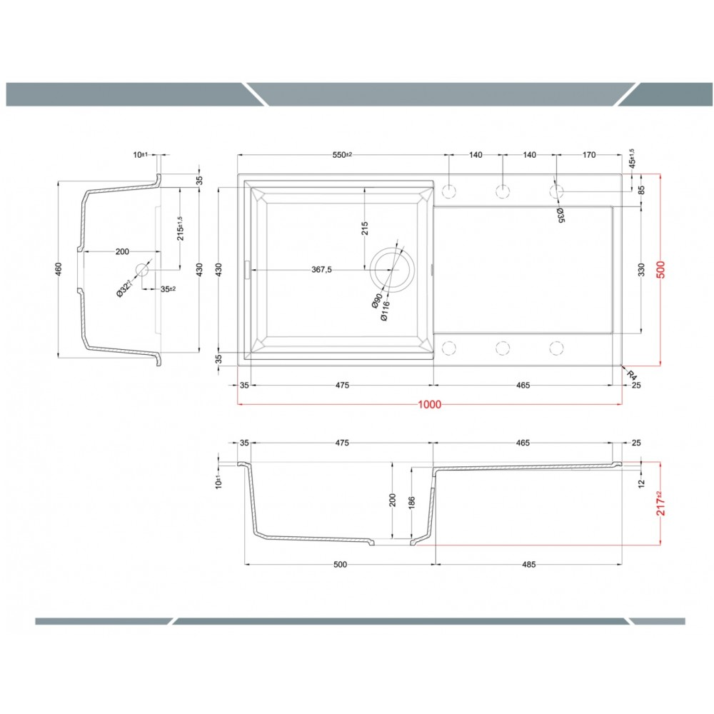 Disegno tecnico di un lavello da cucina con dimensioni dall'alto, davanti e lato.