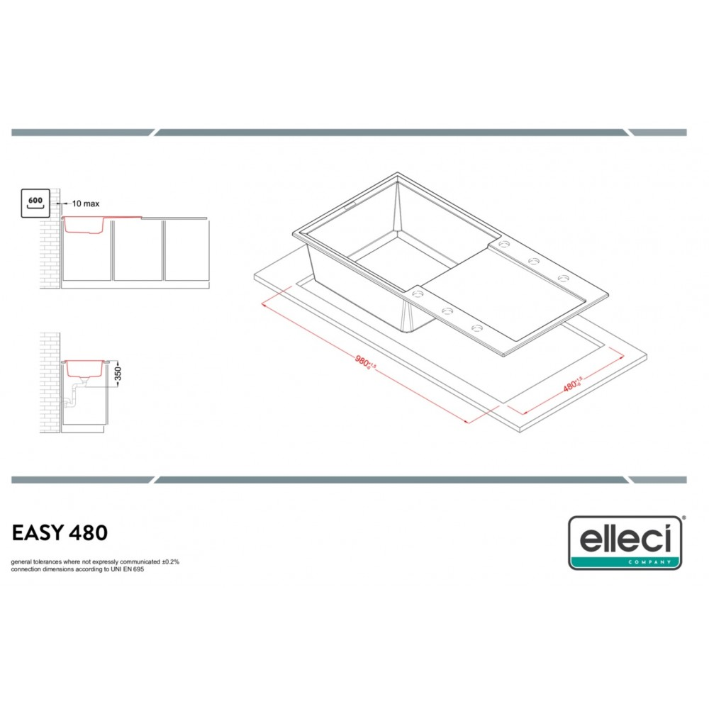 Disegno tecnico del lavello Elleci EASY 480 con dimensioni e schizzi di installazione.
