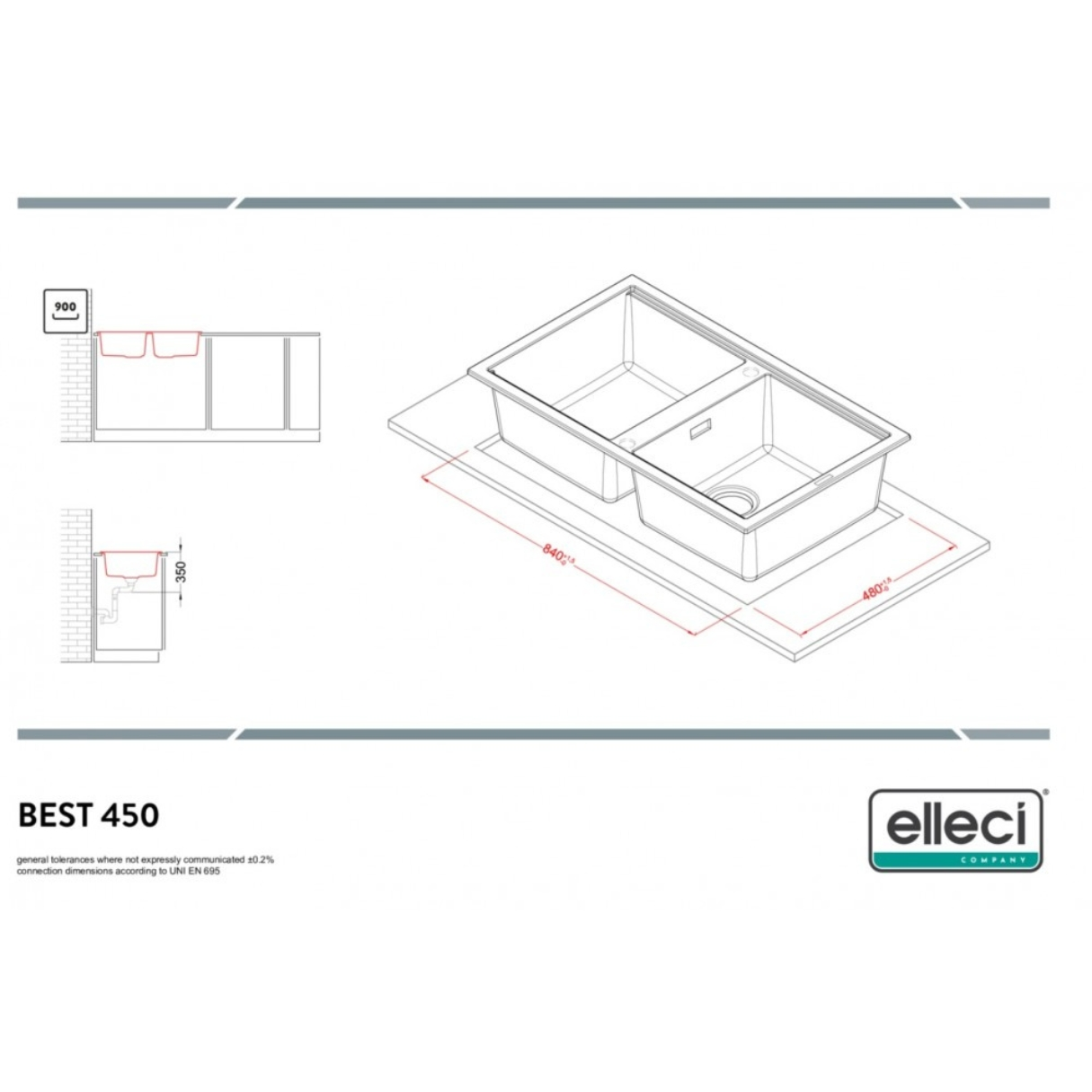 Disegno tecnico di un lavello da cucina a due vasche con quote e schemi.