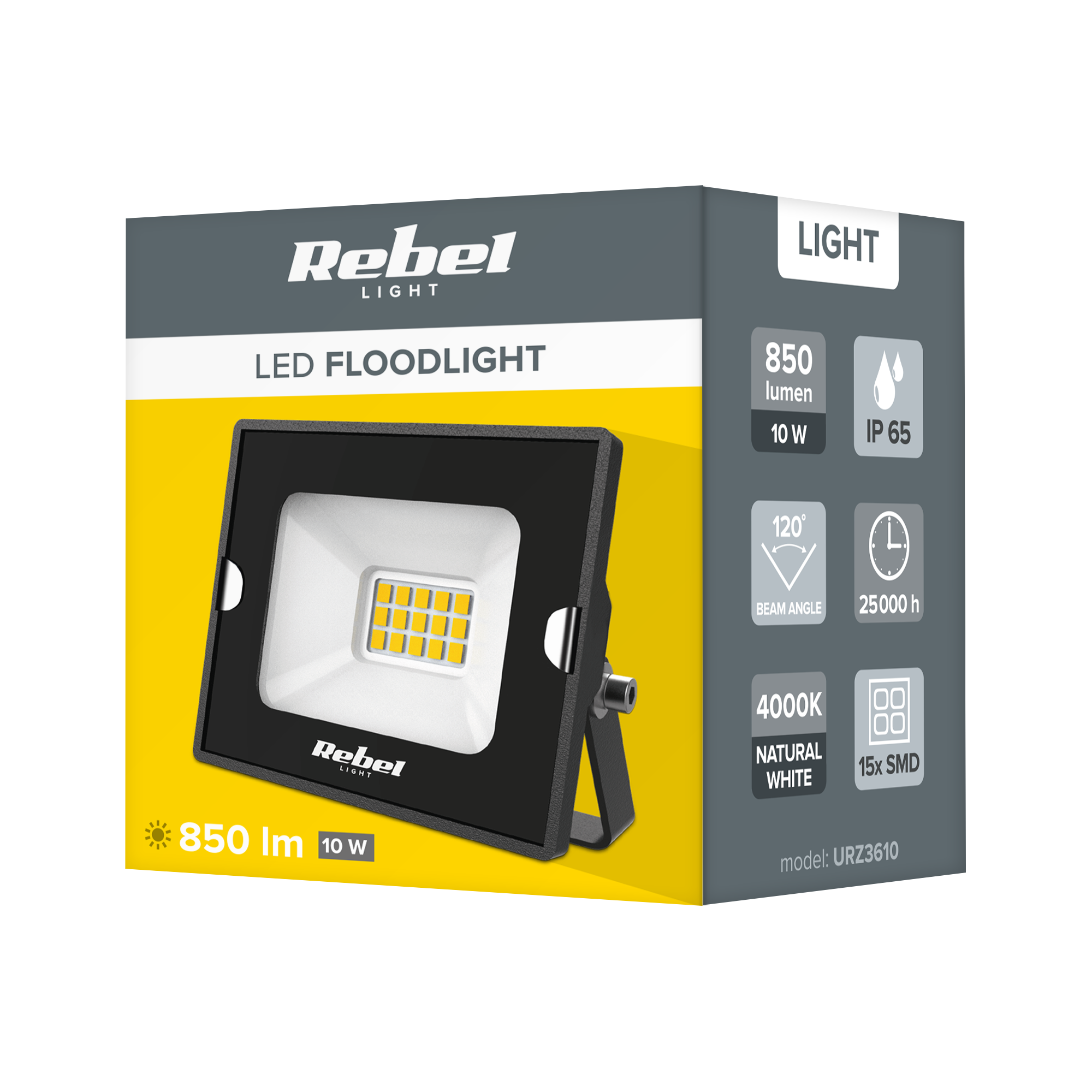 Opakowanie na naświetlacz LED Rebel z parametrami takimi jak 850 lumenów, 10W i IP65.