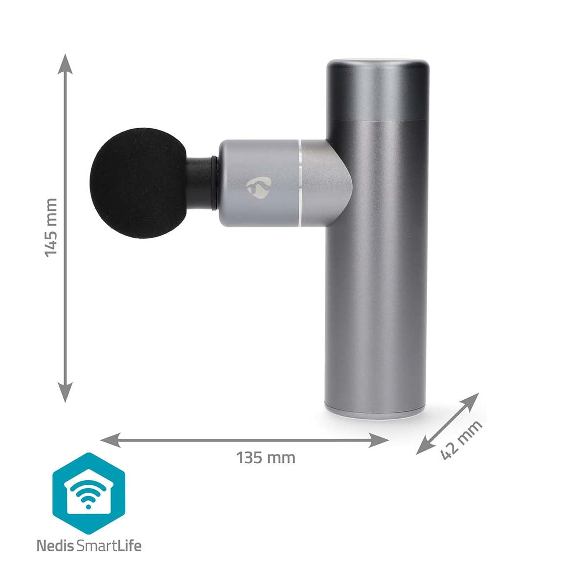 Pistola da massaggio grigia con accessorio a sfera nera, con dimensioni di 145 mm di altezza, 135 mm di larghezza e 42 mm di profondità.