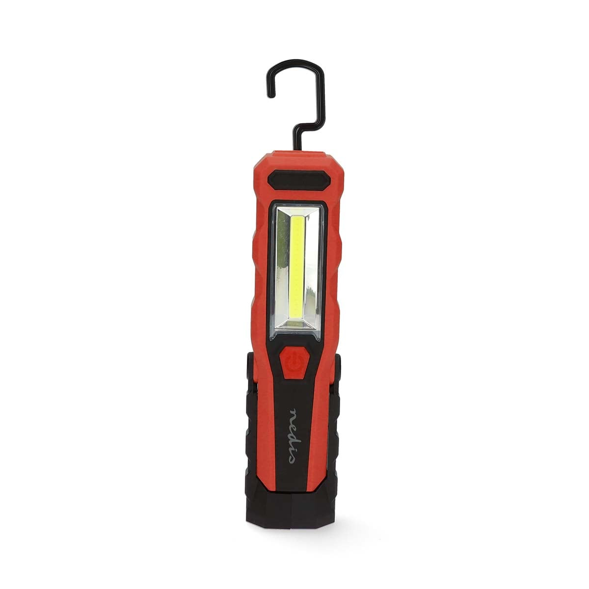 Una lampada da lavoro a LED portatile rossa e nera con gancio in alto, isolata su sfondo bianco.