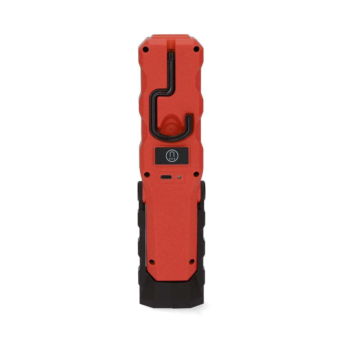 Luce da lavoro rossa con gancio nero, simbolo magnete e porta di carica su sfondo bianco.