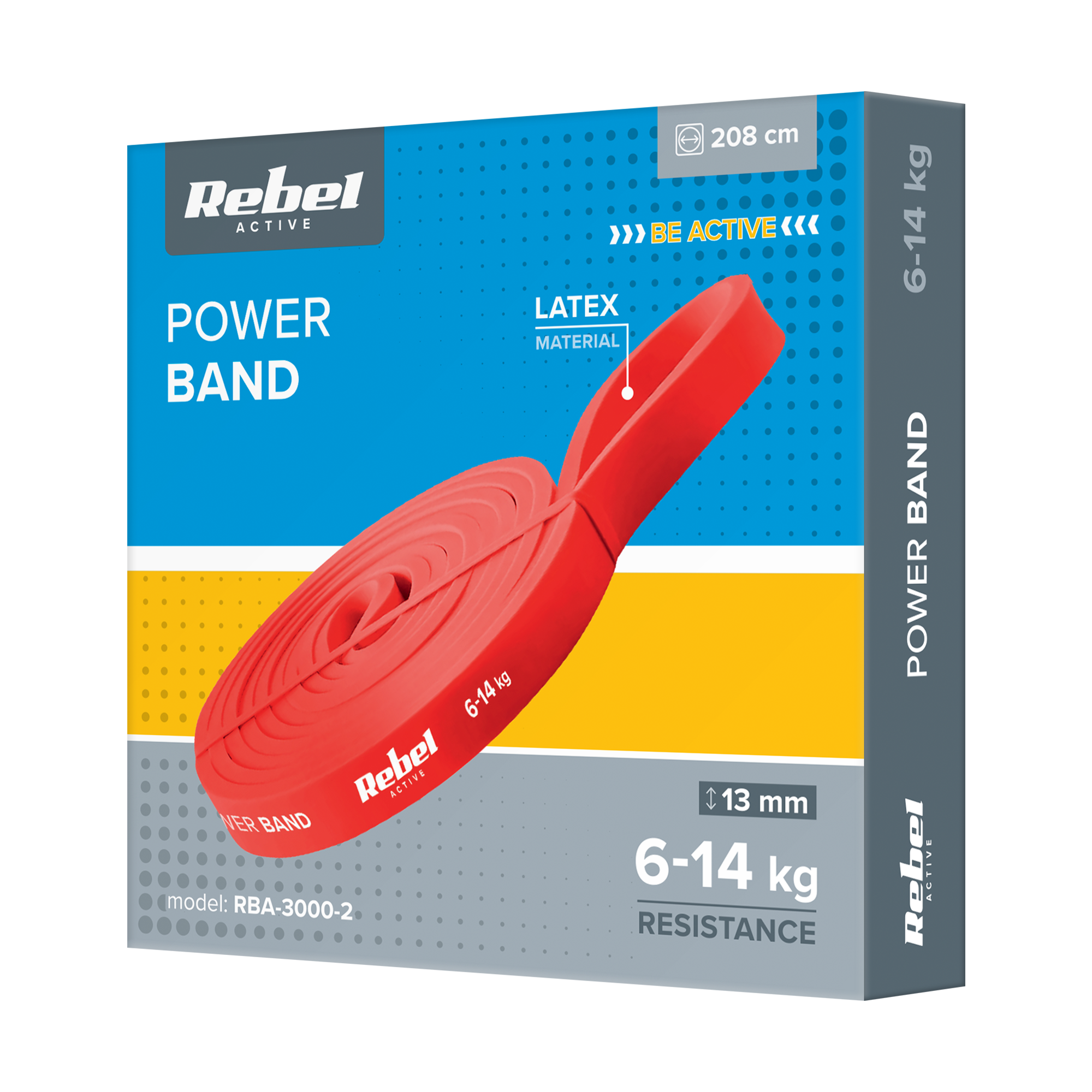Opakowanie czerwonej taśmy oporowej Rebel Active o oporze 6-14 kg, długości 208 cm i szerokości 13 mm.