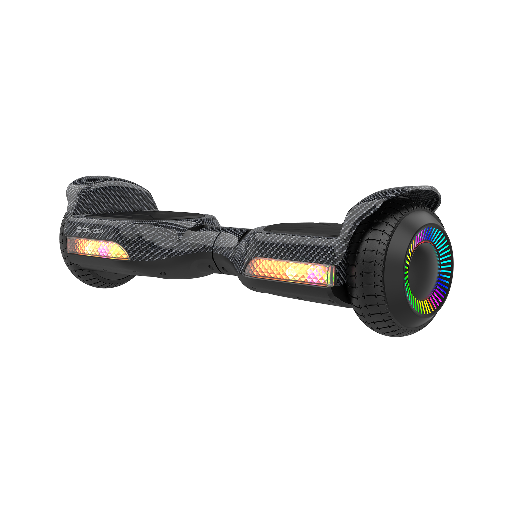Czarne hoverboard z motywem karbonowym, podświetlanymi reflektorami i kolorowymi kołami LED na czarnym tle.