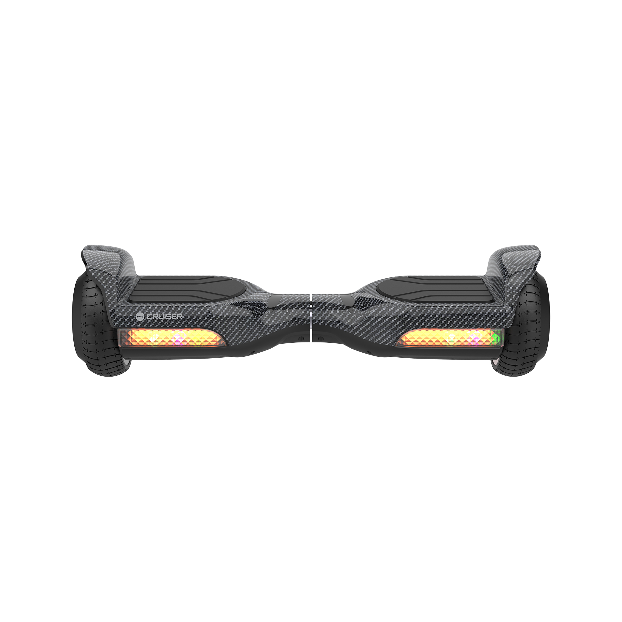 Czarny hoverboard z włókna węglowego z podświetlanymi światłami przednimi i teksturowanymi podkładkami na czarnym tle.