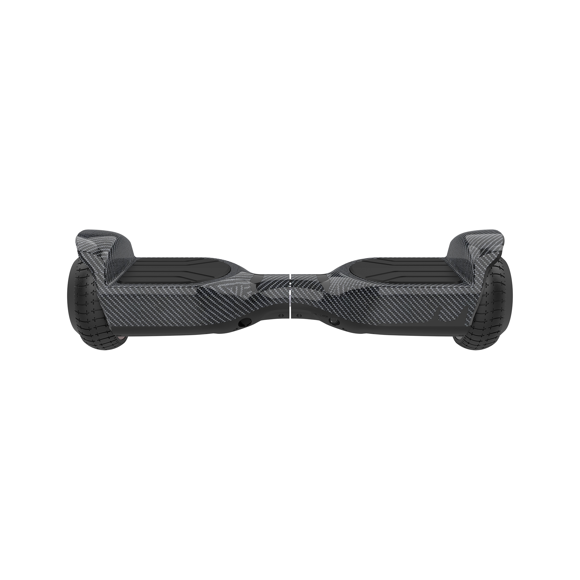 Czarny hoverboard z włókna węglowego z teksturowanymi podkładkami i dużymi oponami na czarnym tle.