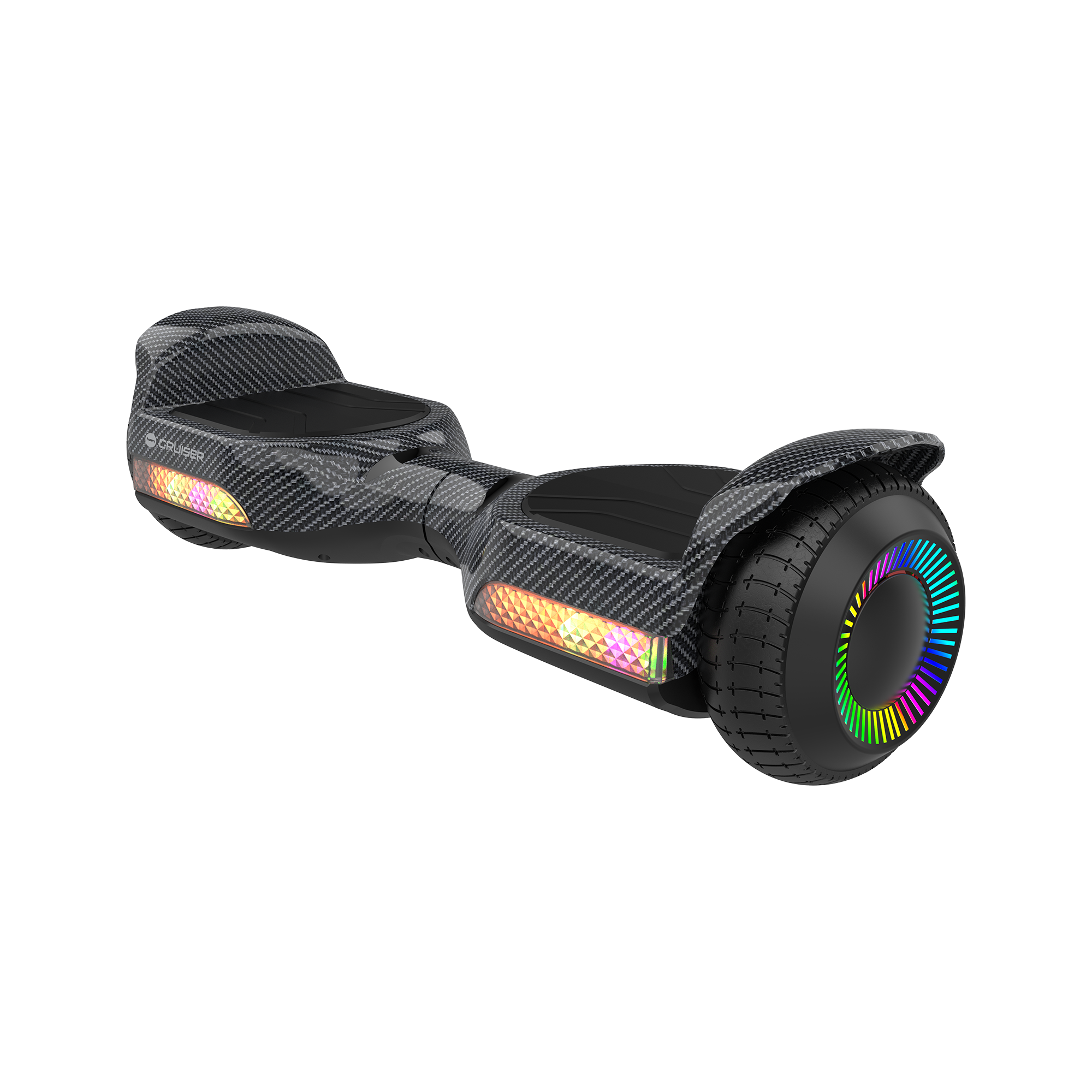 Czarny hoverboard z wzorem z włókna węglowego, kolorowymi światłami na przednich kołach i pomarańczowymi diodami LED z boku.