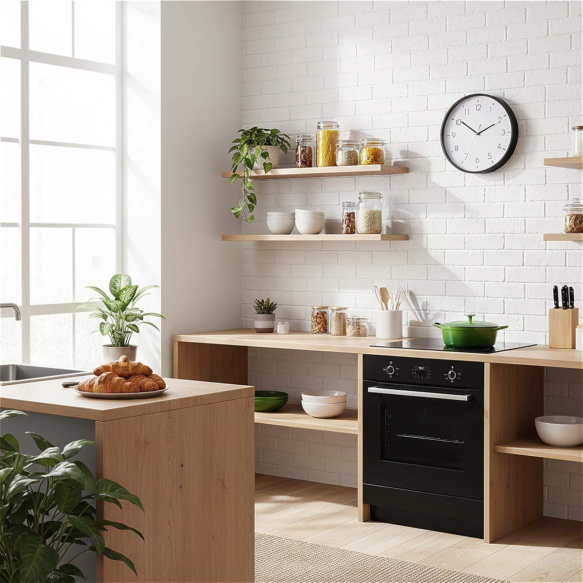 Moderne Küche mit Holzarbeitsplatten, weißen Ziegelwänden, schwarzen Geräten, Pflanzen und Regalen mit Gläsern.