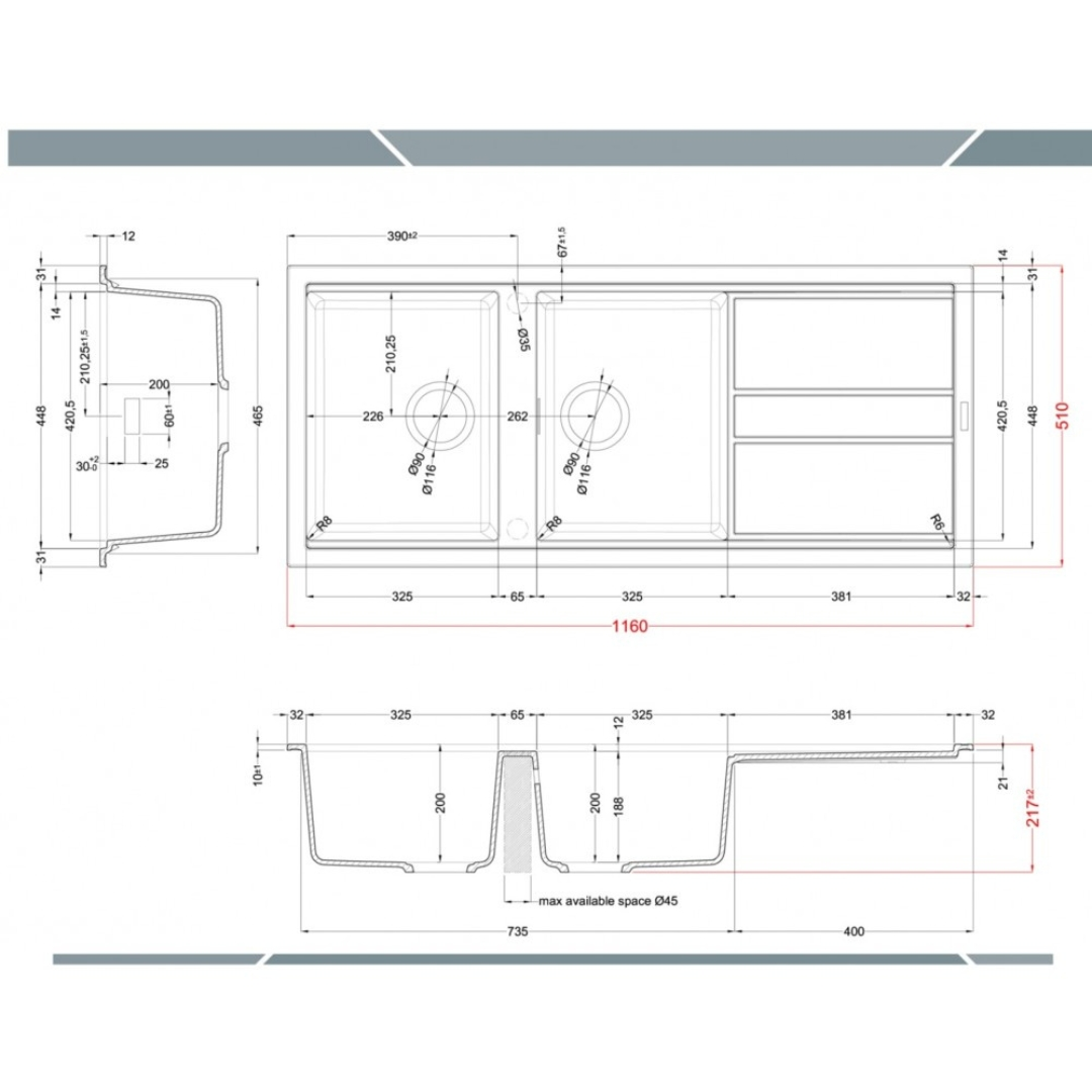 Disegno tecnico di un lavello da cucina con dimensioni in millimetri da varie prospettive.