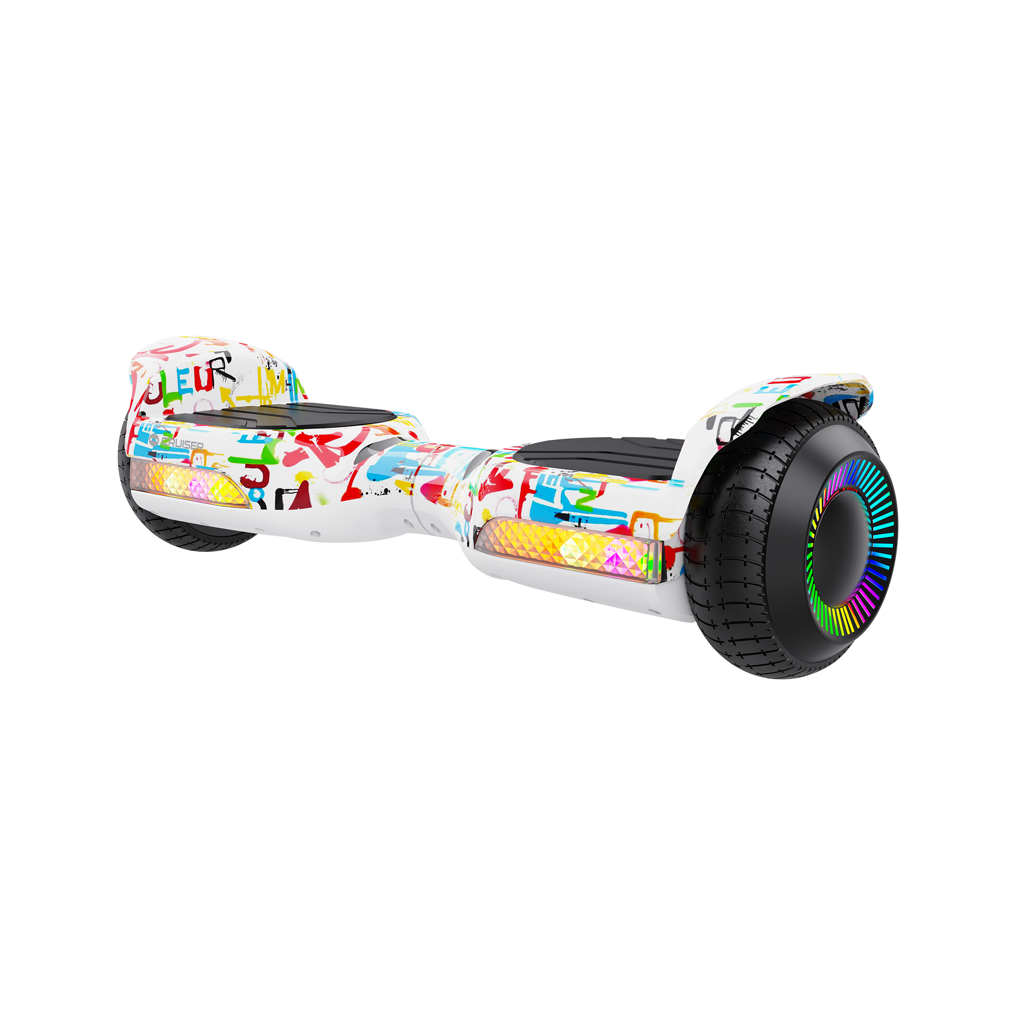 Biały hoverboard w kolorowe graffiti, z jasnymi reflektorami i podświetlanymi kołami na czarnym tle.