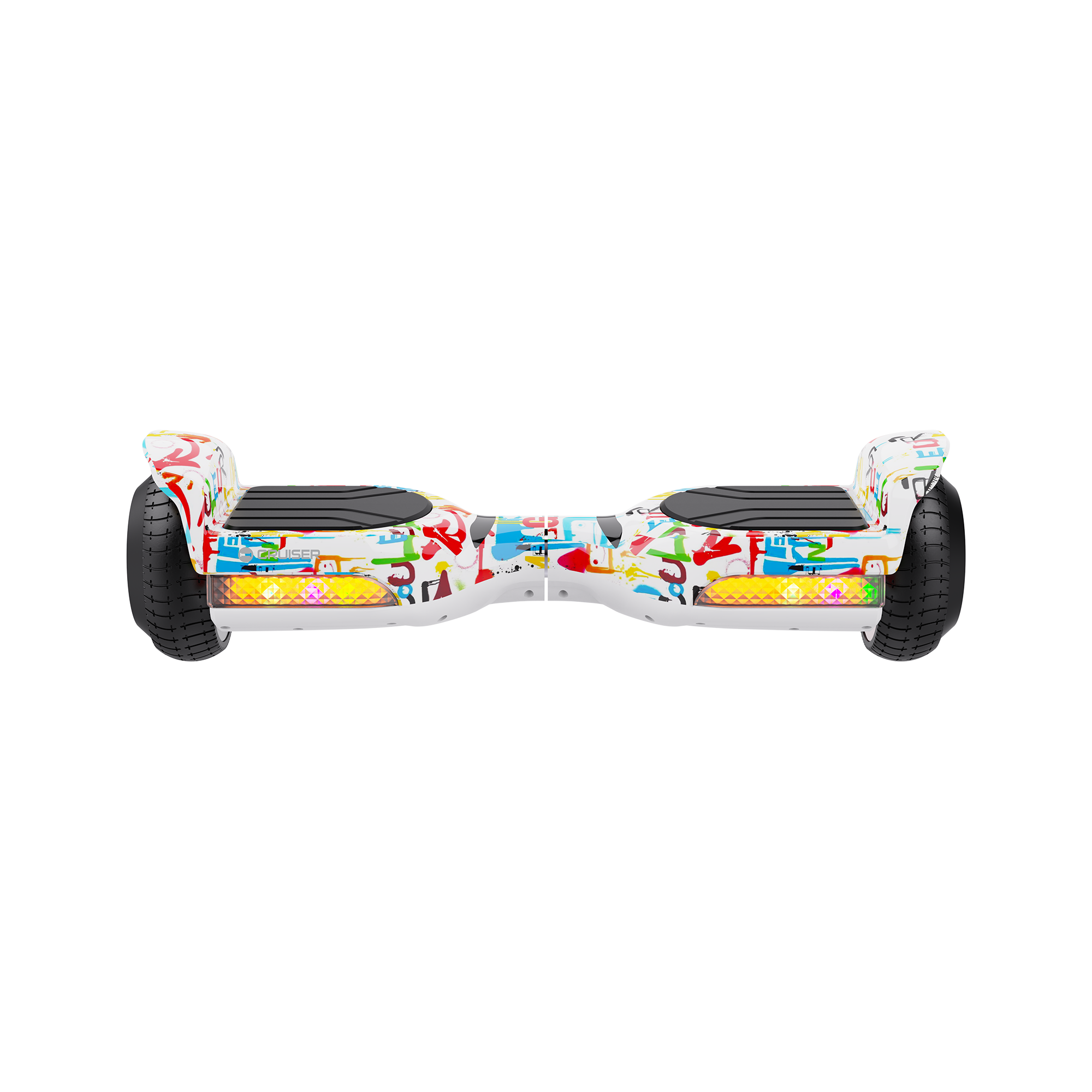 Biały hoverboard w kolorowe wzory graffiti z jasnymi żółtymi światłami LED na czarnym tle.