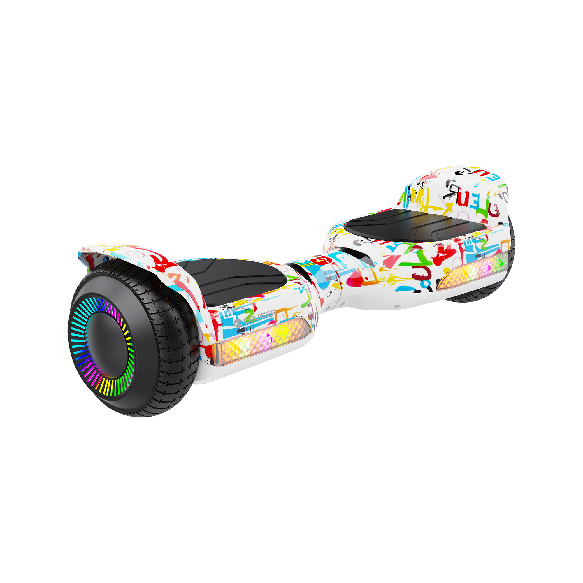 Biały hoverboard w kolorowe wzory graffiti, ze świecącymi kołami i diodami LED na czarnym tle.
