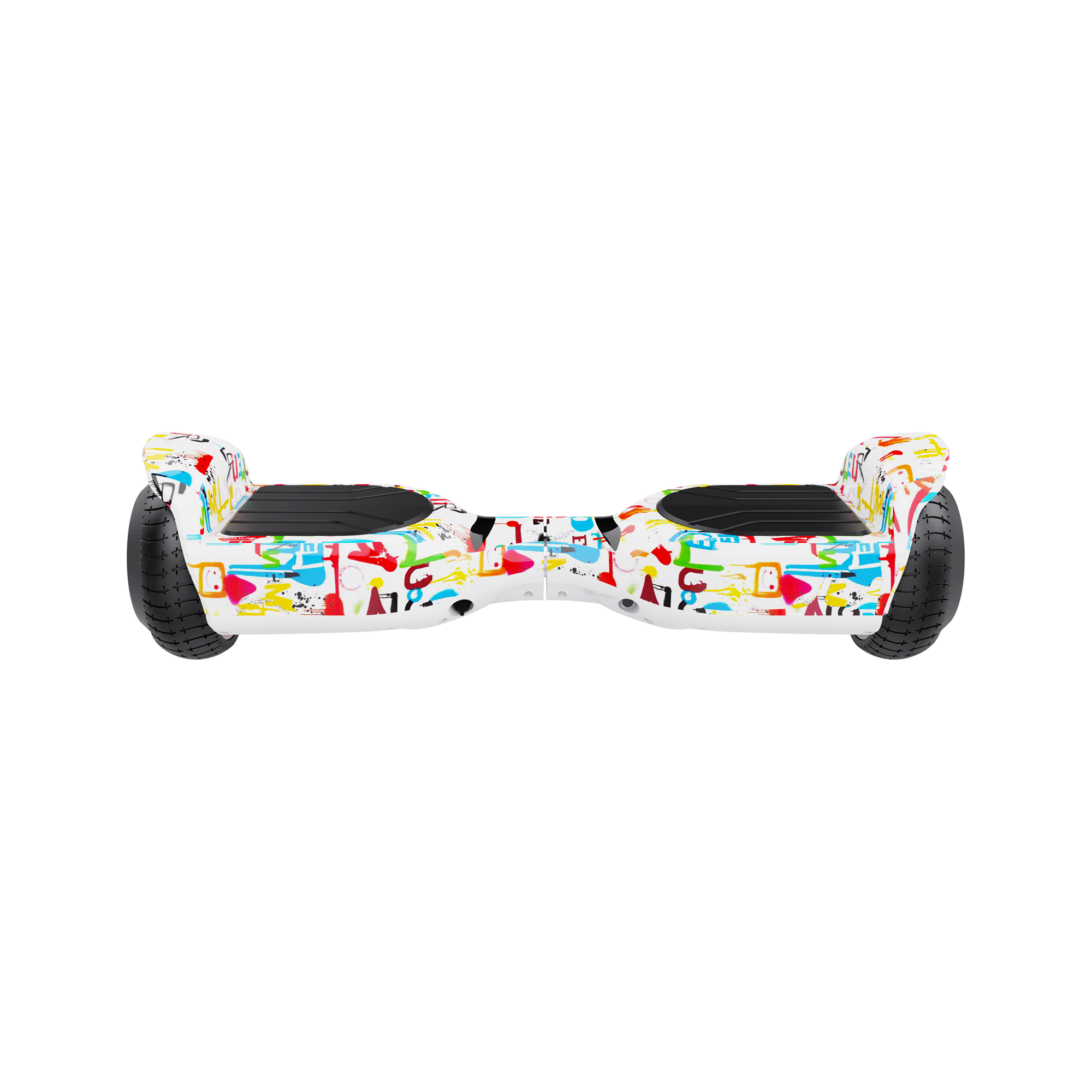 Biały hoverboard z kolorowymi wzorami graffiti na czarnym tle.