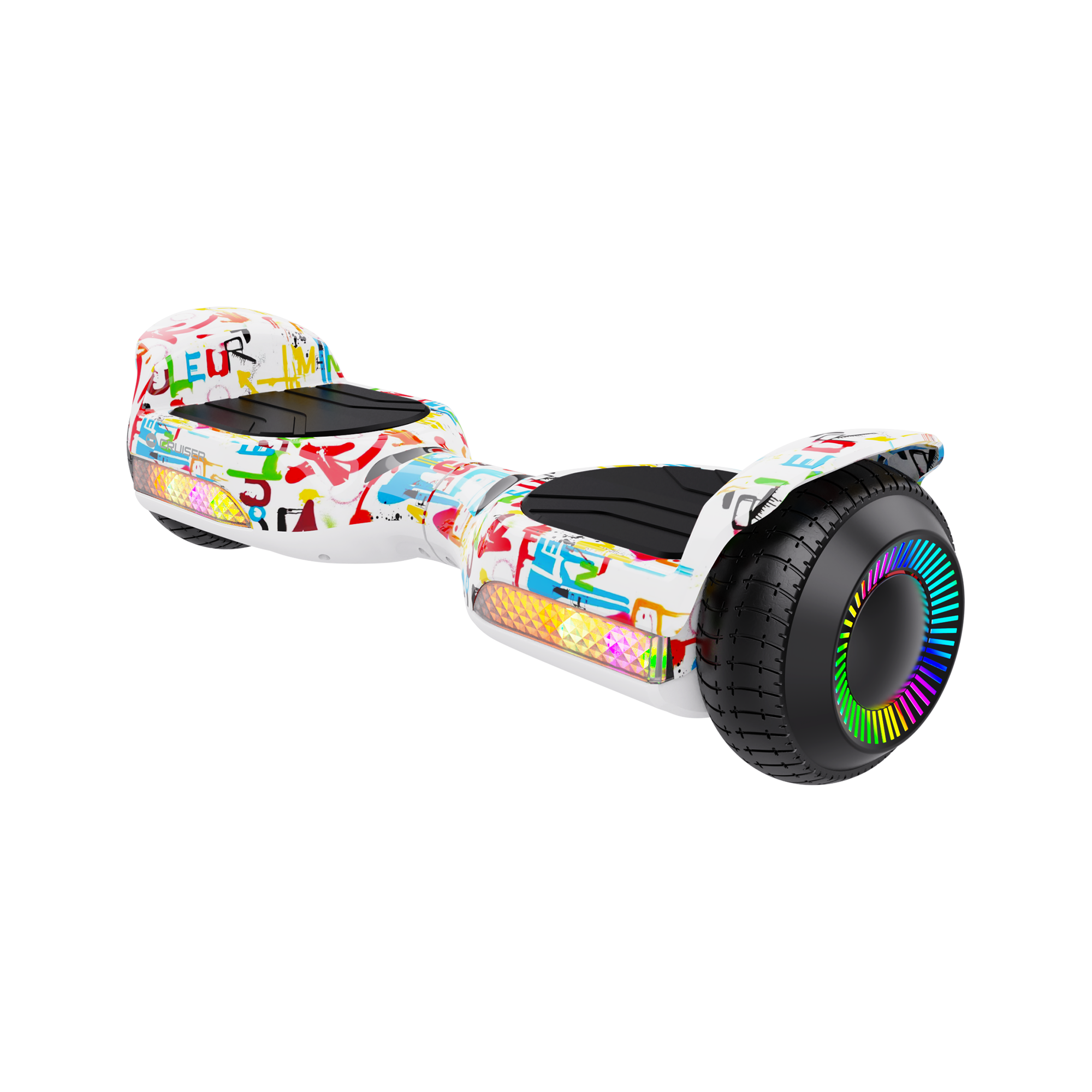 Biały hoverboard w kolorowe wzory graffiti z podświetlanymi diodami LED na kołach na czarnym tle.