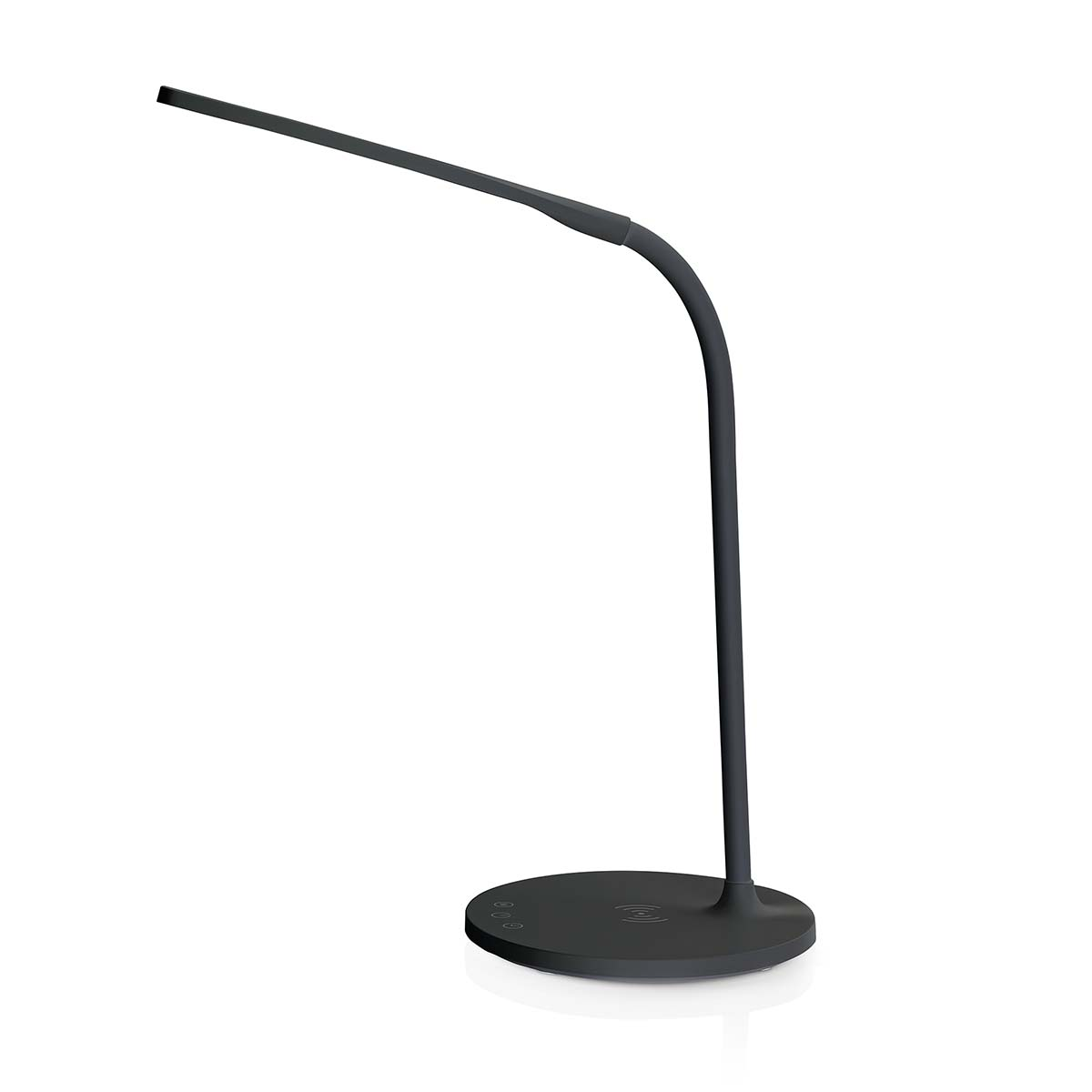 Un'elegante lampada da scrivania nera con braccio curvo e base rotonda su sfondo bianco.