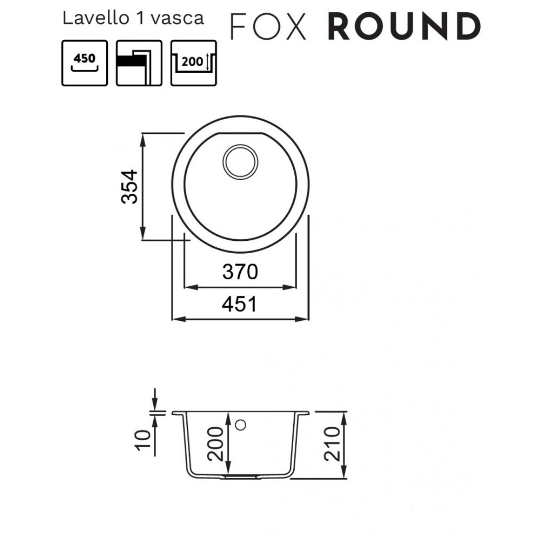 Disegno tecnico del lavello tondo Fox Round con misure in mm.