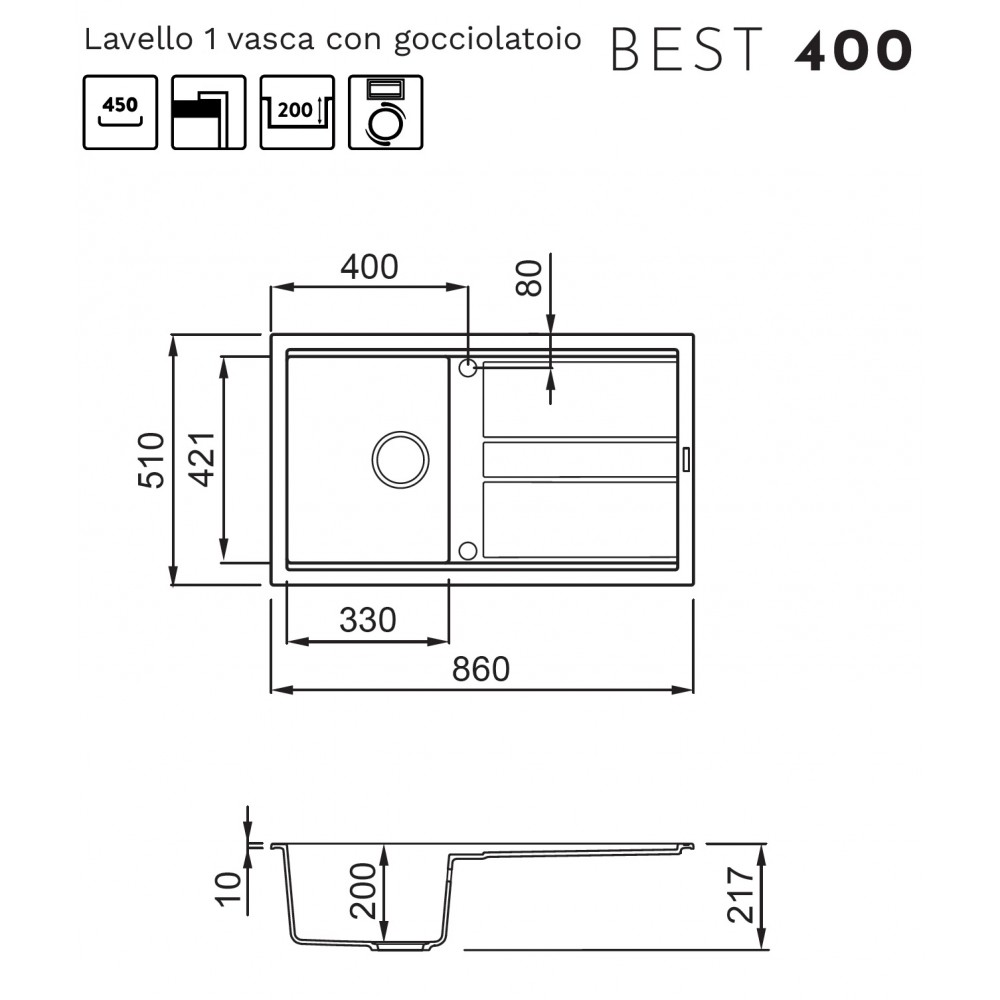 Disegno tecnico di un lavello da cucina con quote e gocciolatoio.