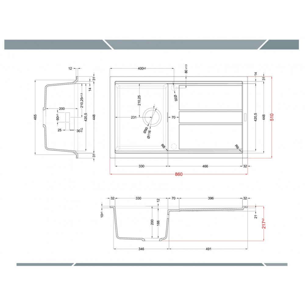 Disegno tecnico di un lavello da cucina con quote e viste dall'alto, laterale e frontale.