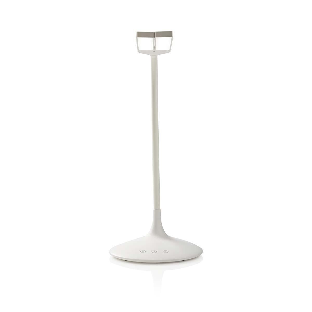 Une lampe de bureau blanche à pied mince, base ronde et commandes tactiles sur fond blanc.
