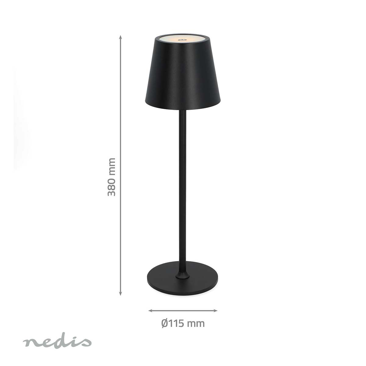 Lampada da tavolo nera con dimensioni di 380 mm di altezza e 115 mm di diametro.