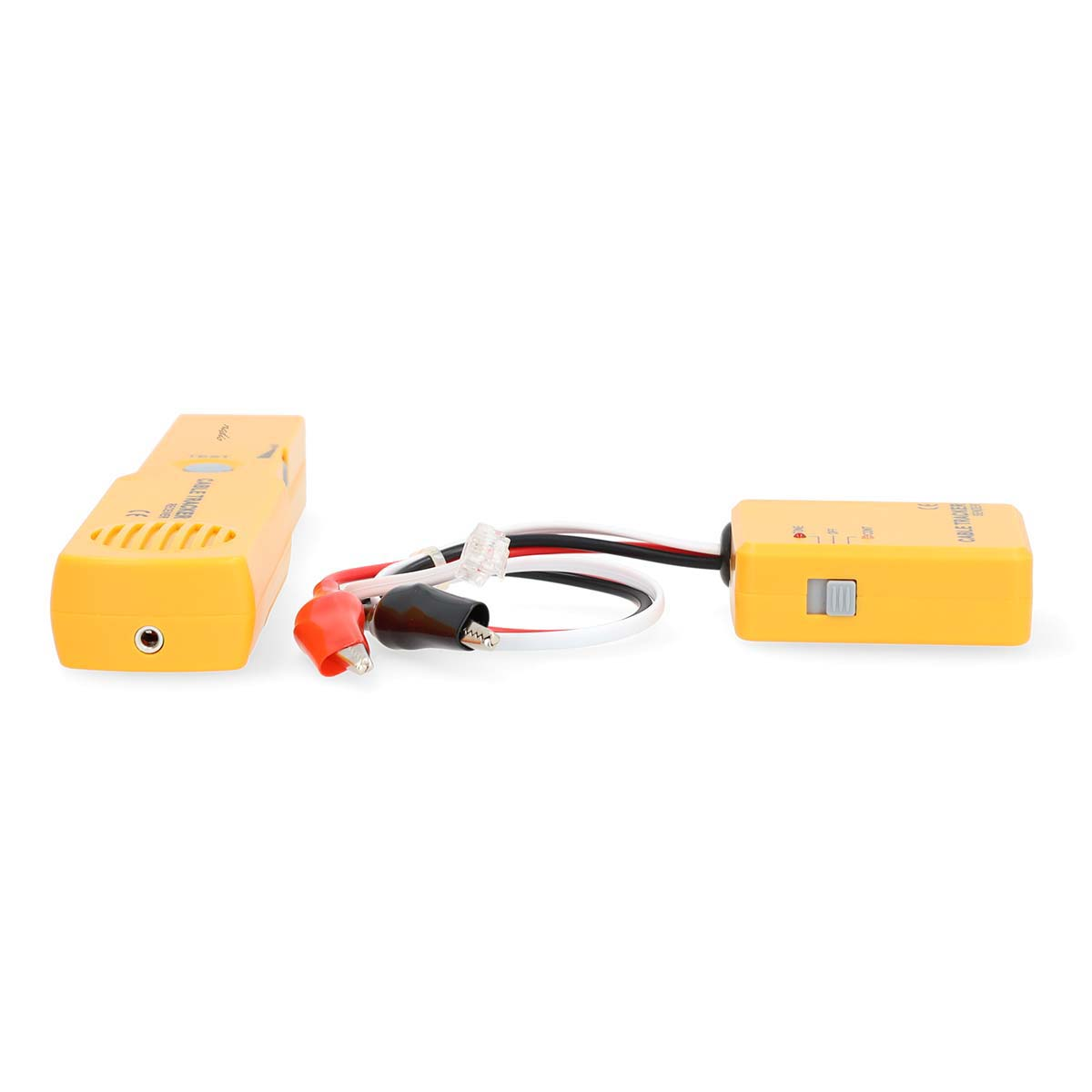 Un testeur de câble jaune avec récepteur, émetteur et pinces crocodile rouges et noires sur fond blanc.