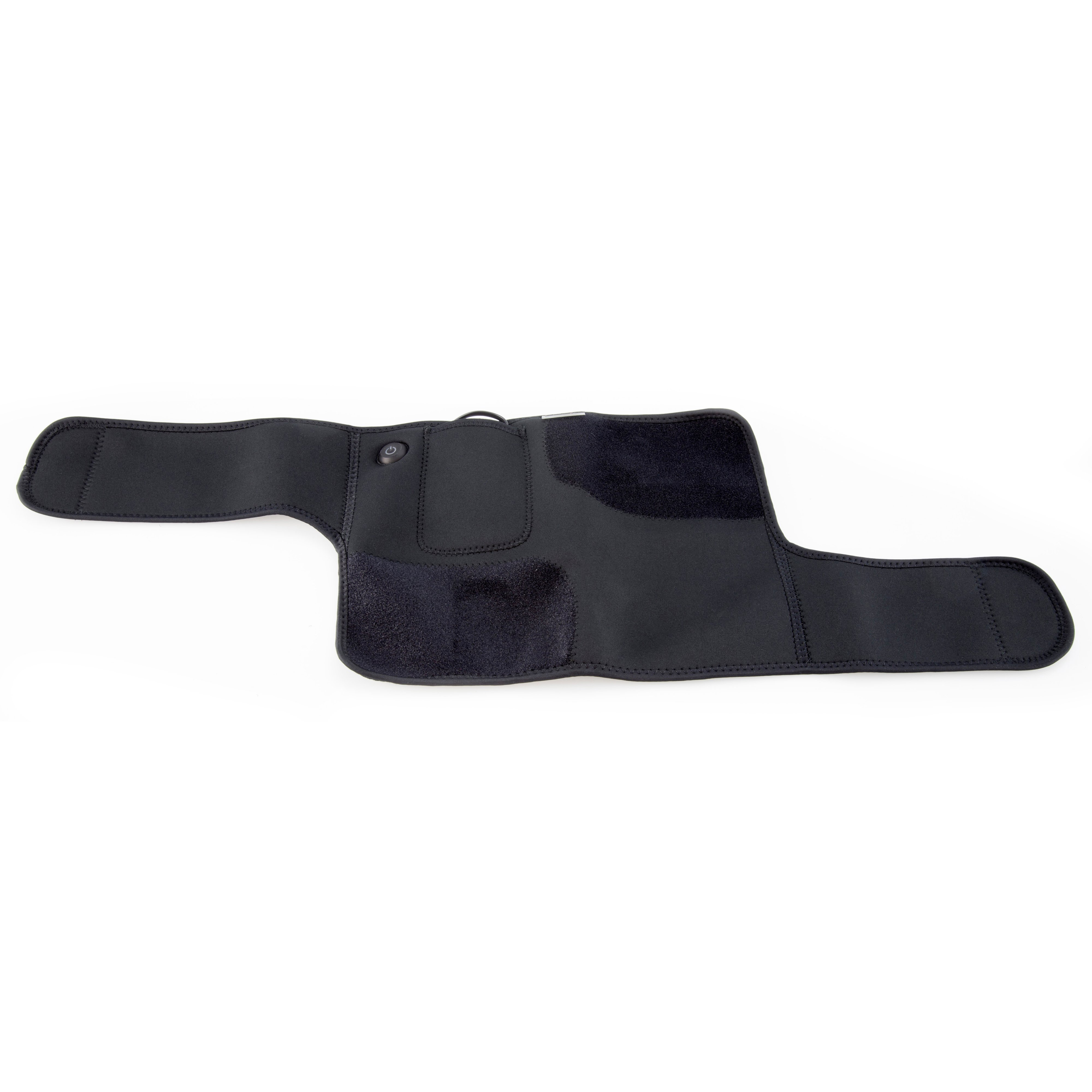 Una ginocchiera nera in neoprene con cinghie, un pulsante di controllo e una tasca, su sfondo bianco.