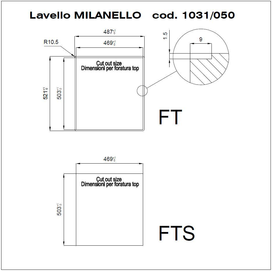 Disegno tecnico del lavello Lavello MILANELLO cod. 1031/050 con quote e dimensioni di foratura per FT e FTS.