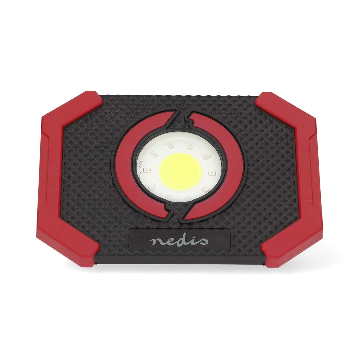 Una lampada da lavoro Nedis nera e rossa con lampadina LED centrale su sfondo bianco.