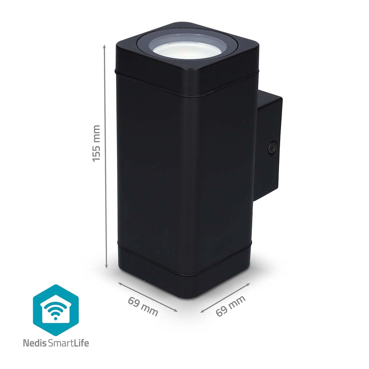 Una lampada da parete per esterni rettangolare nera con dimensioni di 155 mm di altezza, 69 mm di larghezza e 69 mm di profondità.