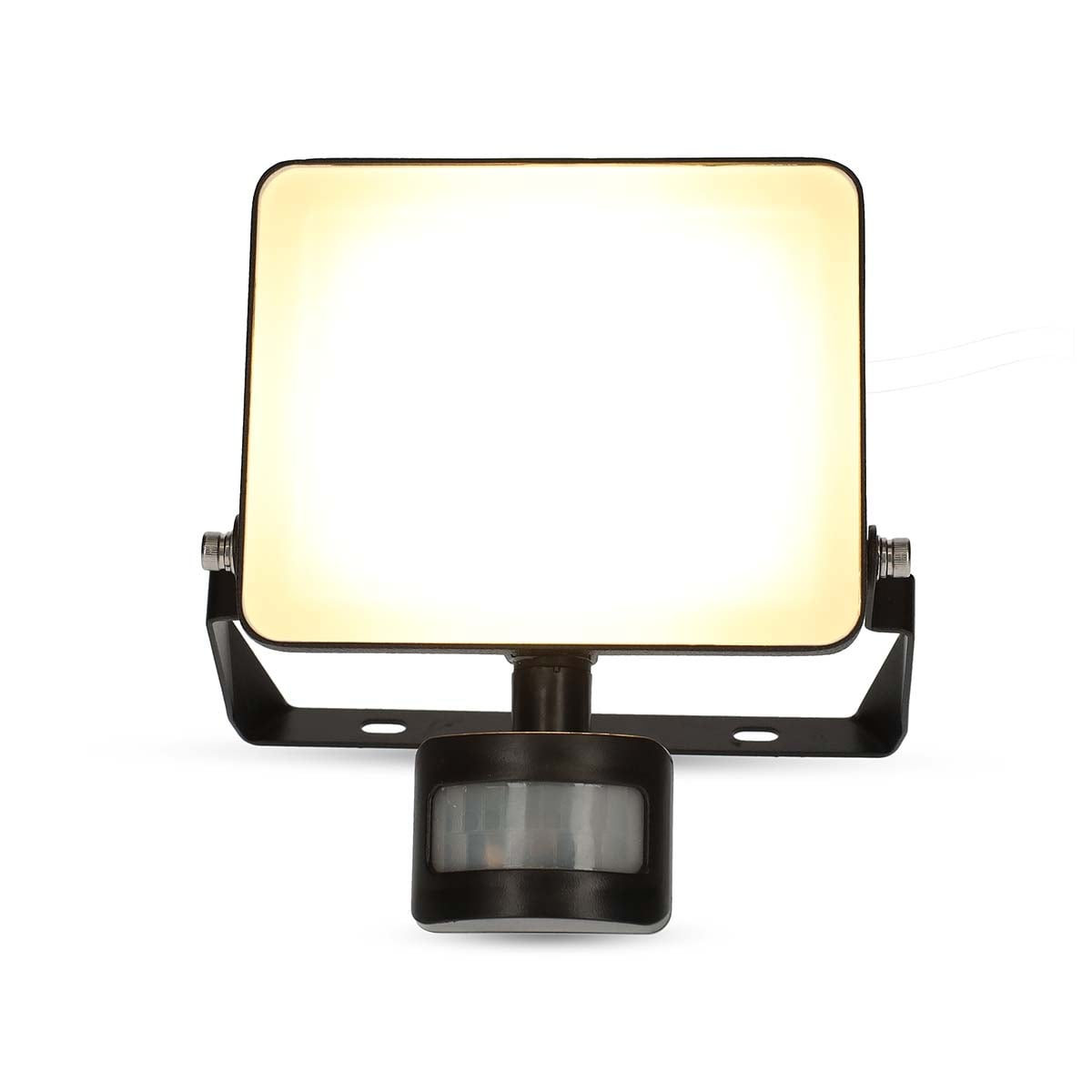 Foco LED negro rectangular con sensor de movimiento integrado sobre fondo claro.