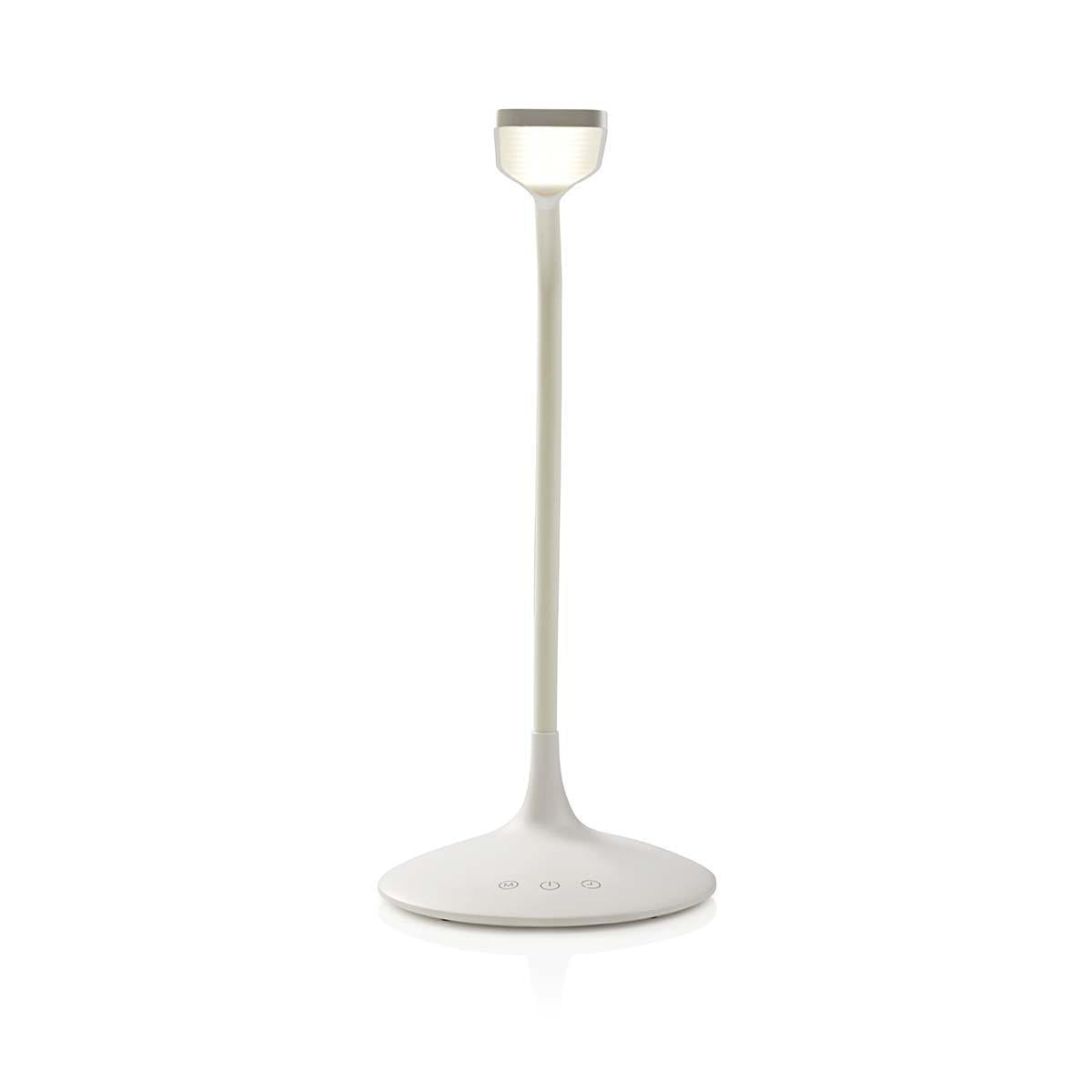 Un'elegante lampada da scrivania bianca con collo sottile, base larga e pulsanti a sfioramento su sfondo bianco.