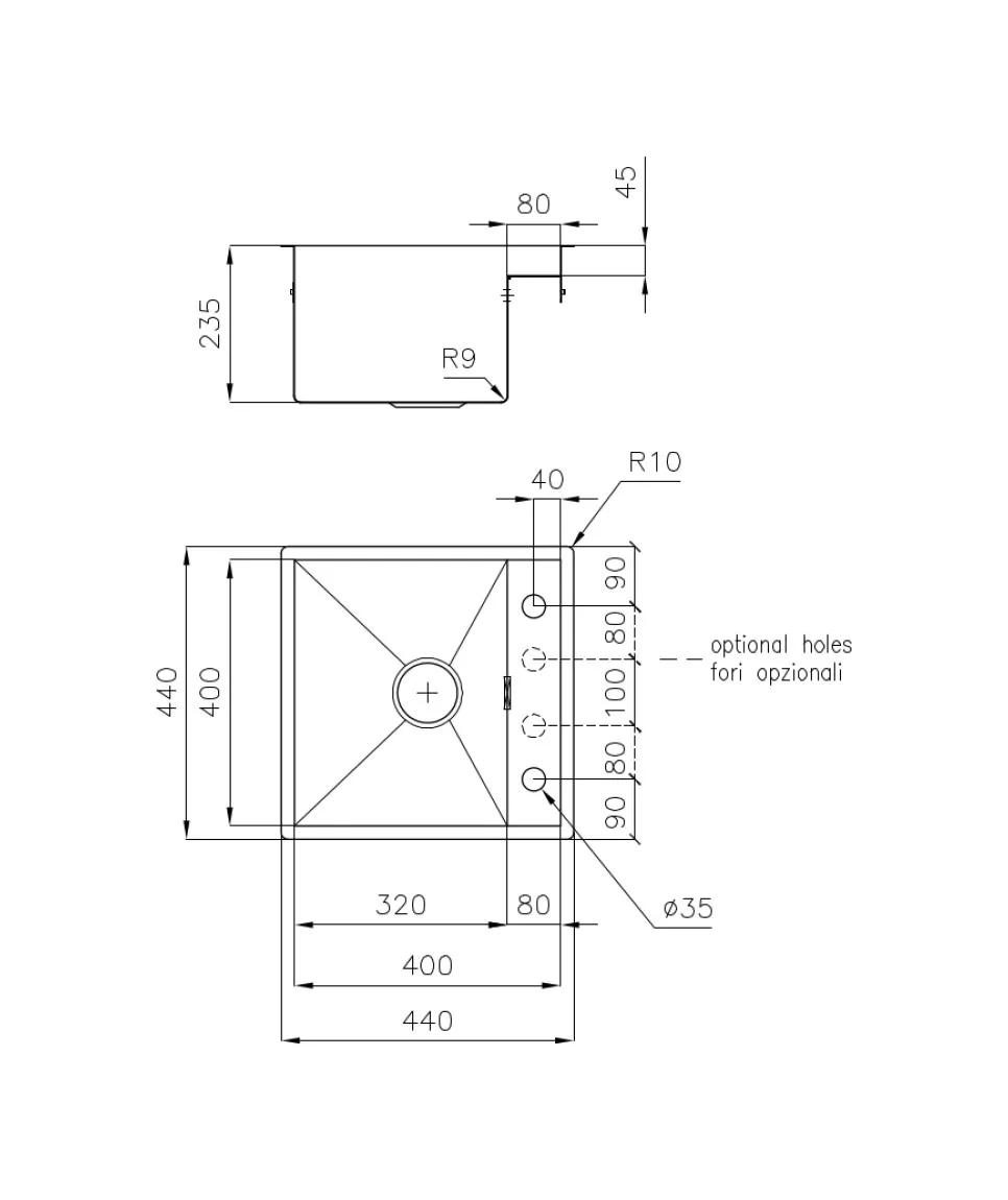 Disegno tecnico di un lavello da cucina con quote in millimetri.